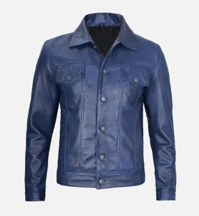 Men's Blue Leather Trucker Jacket