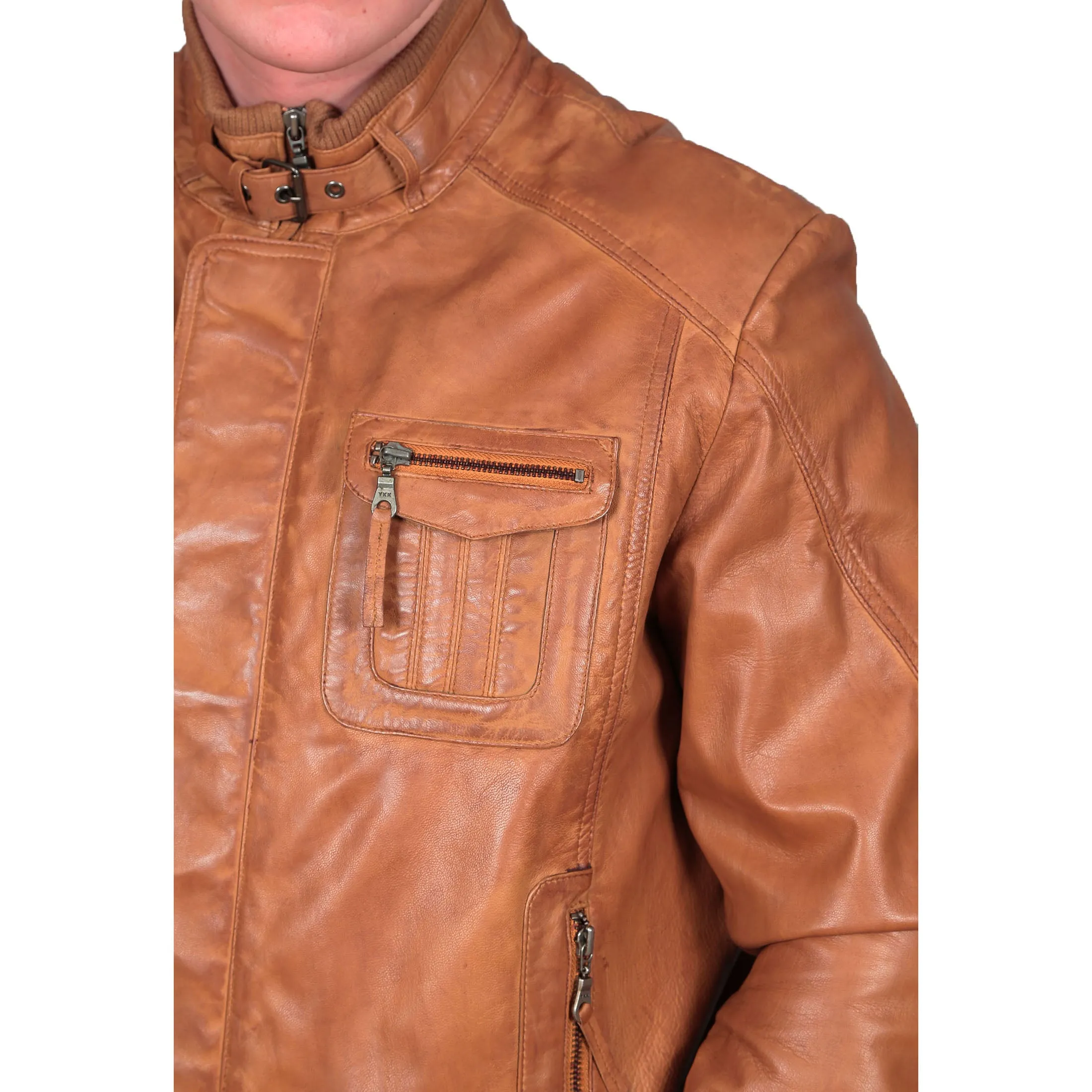 Mens Bomber Soft Leather Jacket Zip Fasten Ryan Tan