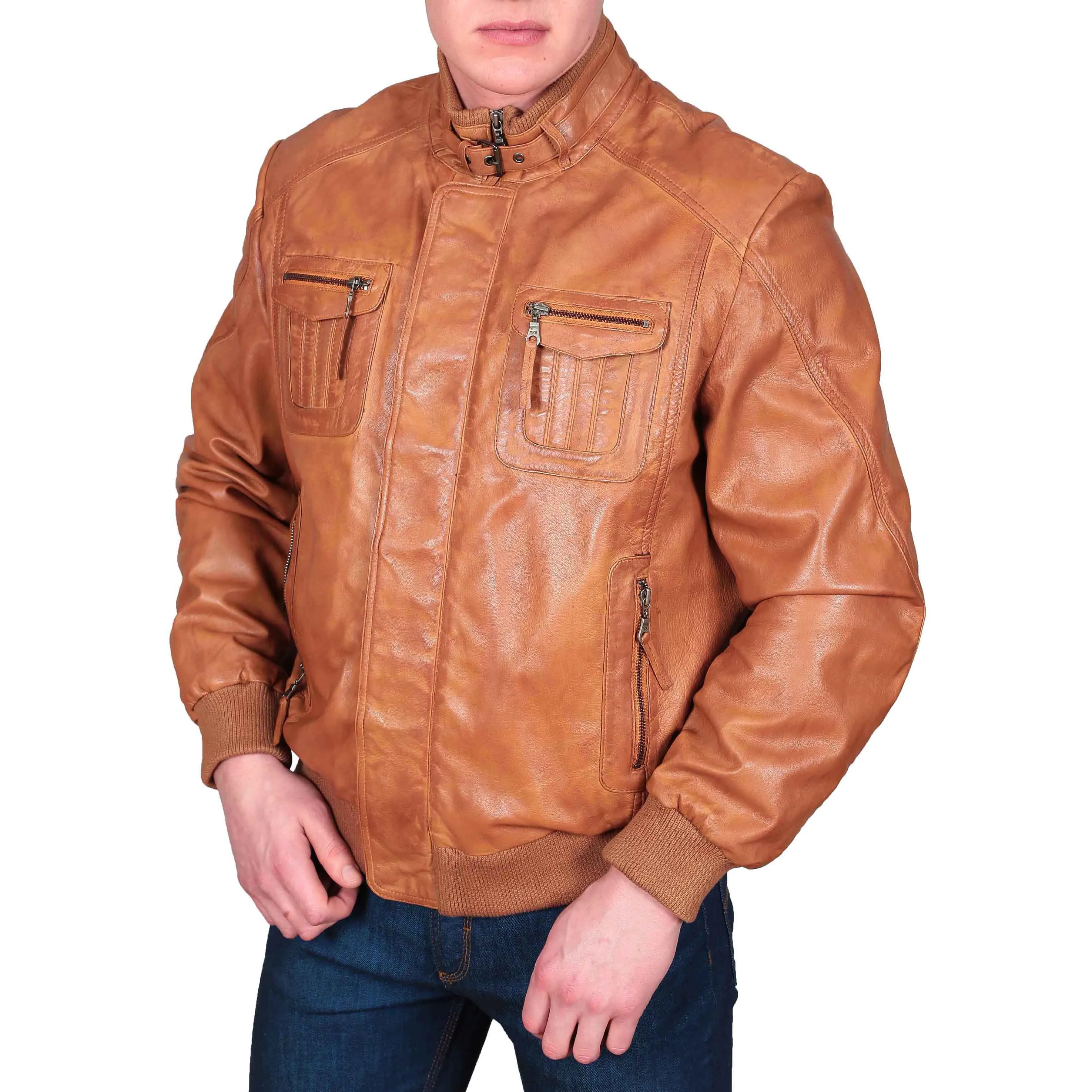 Mens Bomber Soft Leather Jacket Zip Fasten Ryan Tan