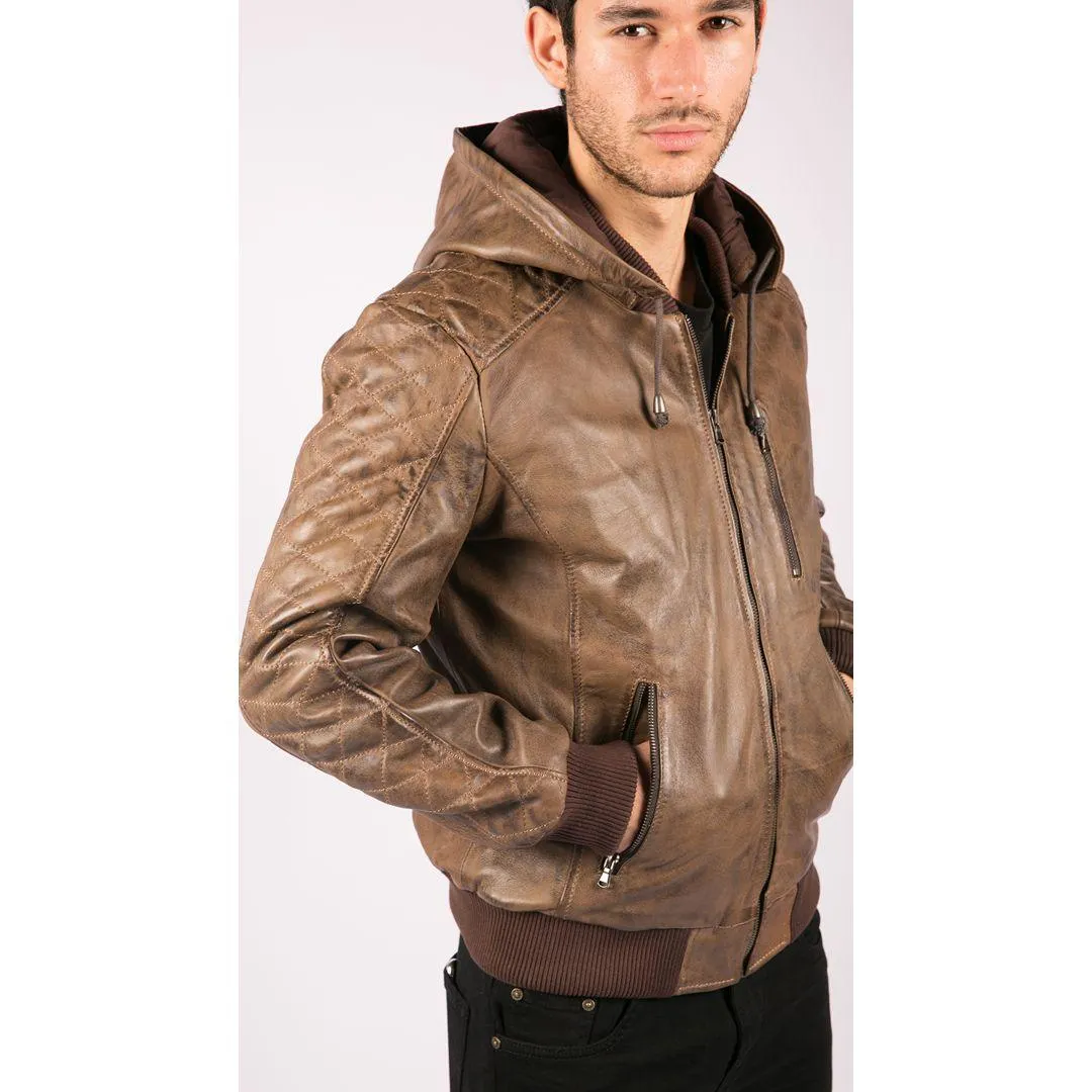 Mens Brown Washed Distressed Removable Hood Bomber Leather Jacket Quilted