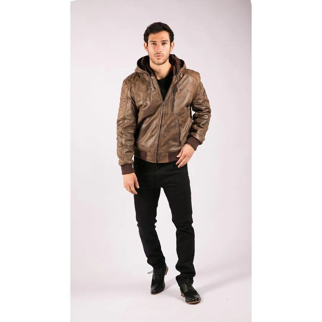 Mens Brown Washed Distressed Removable Hood Bomber Leather Jacket Quilted