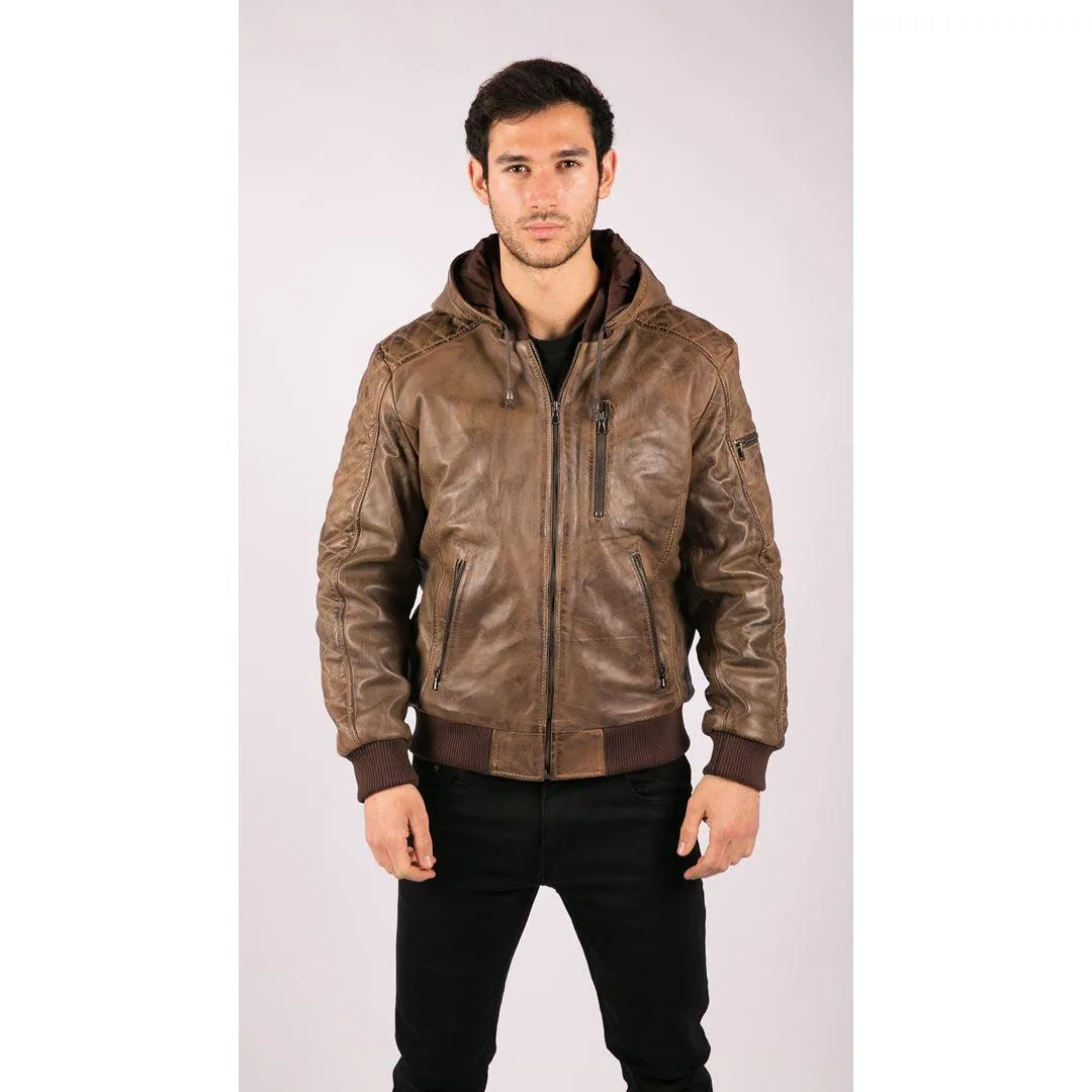 Mens Brown Washed Distressed Removable Hood Bomber Leather Jacket Quilted