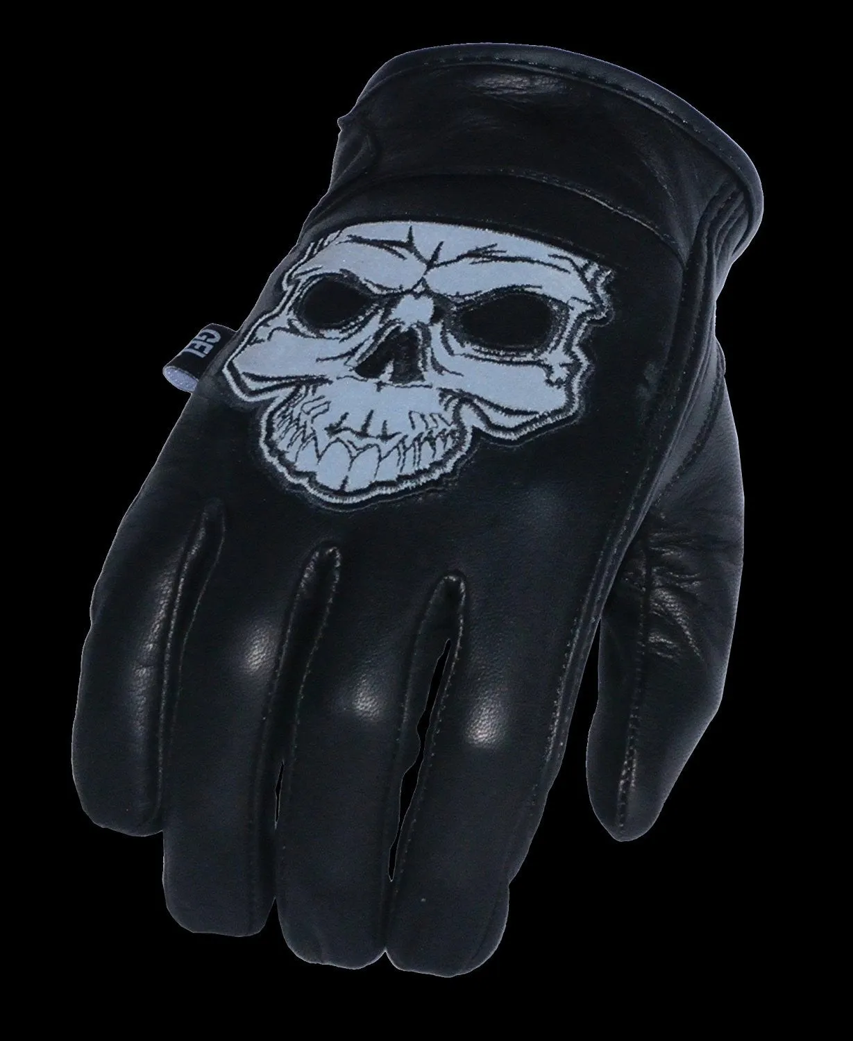 Men's Leather Motorcycle Glove w/ Reflective Skull Design & Gel Palm