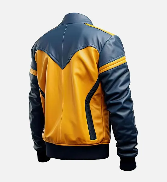 Men’s Mustard Yellow Blue Motorbike Bomber Leather Jacket