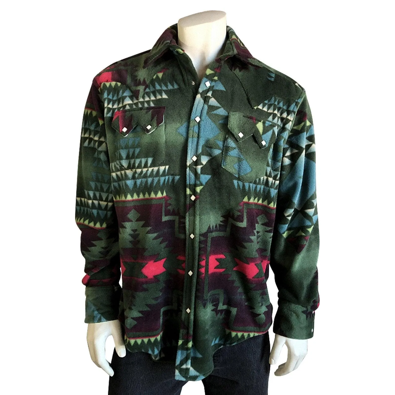 Men's Native Pattern Fleece Western Shirt in Green & Black