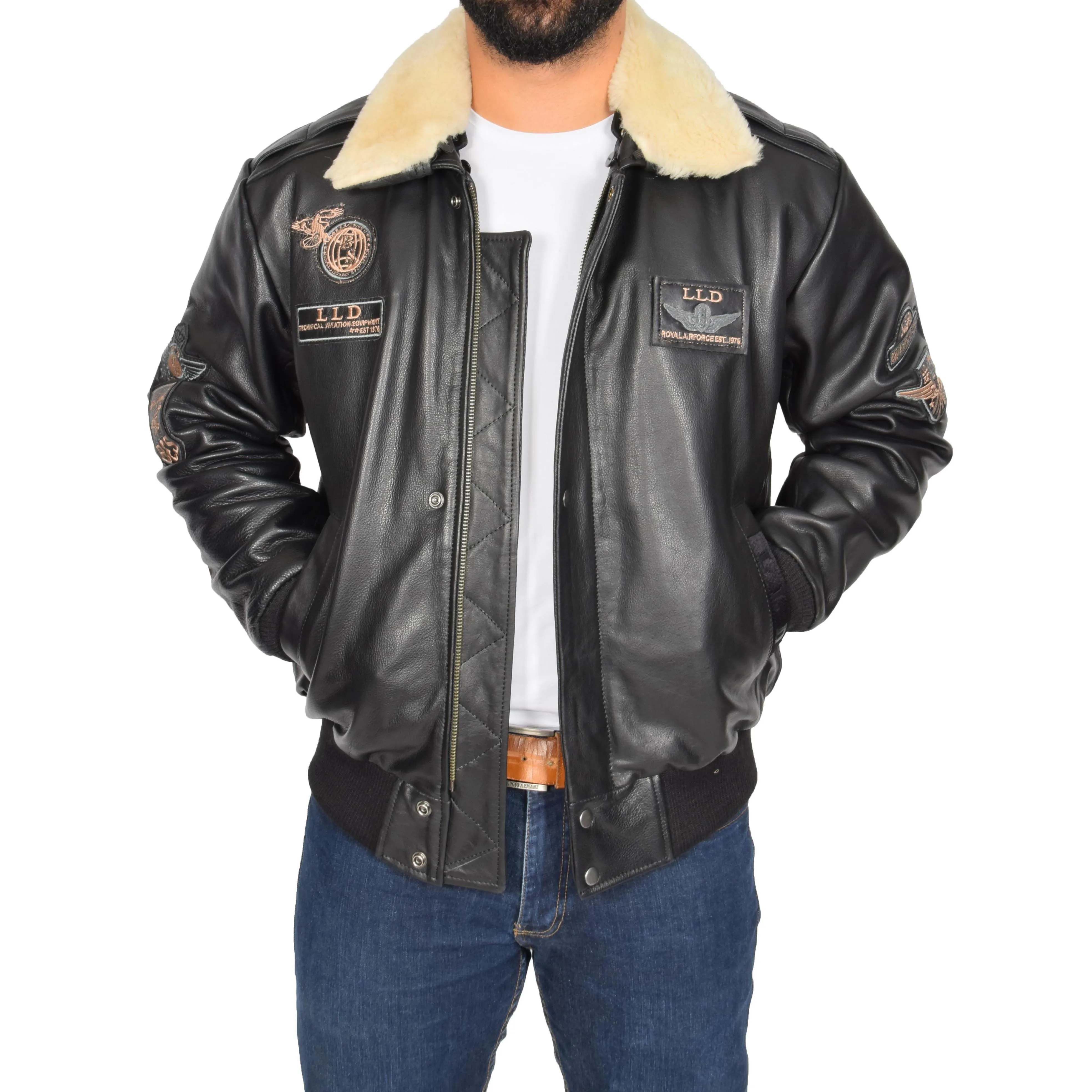 Mens Pilot Bomber Leather Jacket Spitfire Black