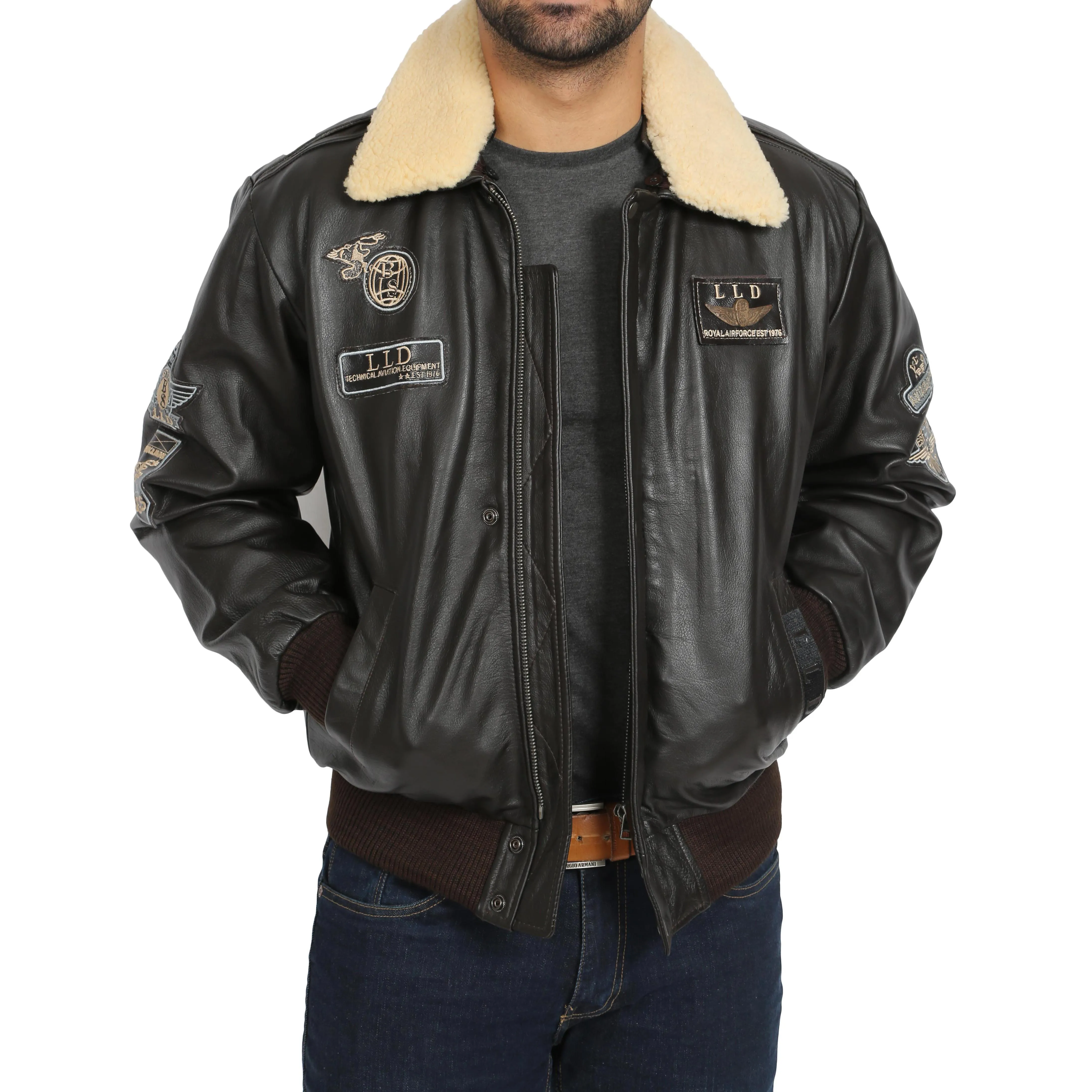 Mens Pilot Bomber Leather Jacket Spitfire Brown