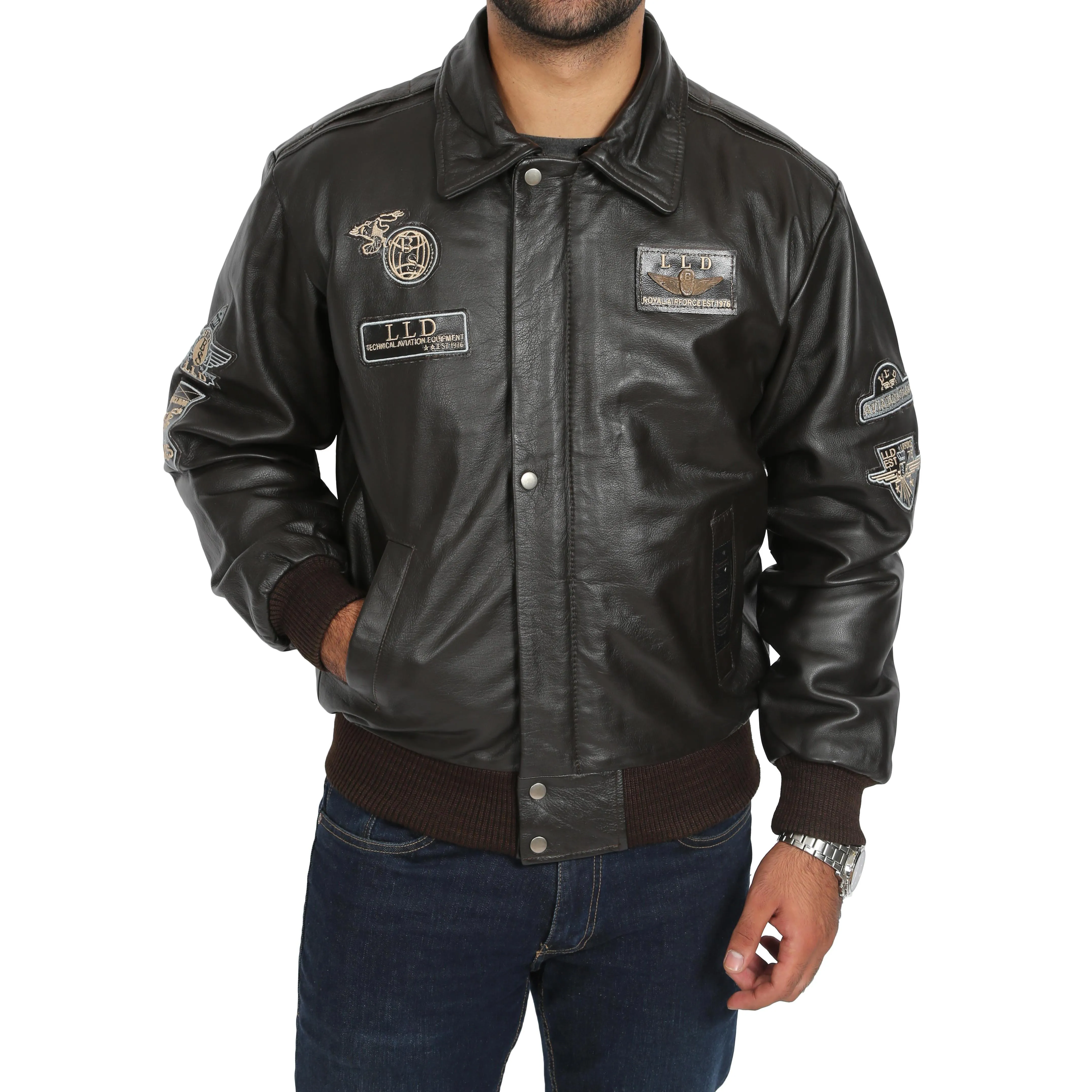 Mens Pilot Bomber Leather Jacket Spitfire Brown