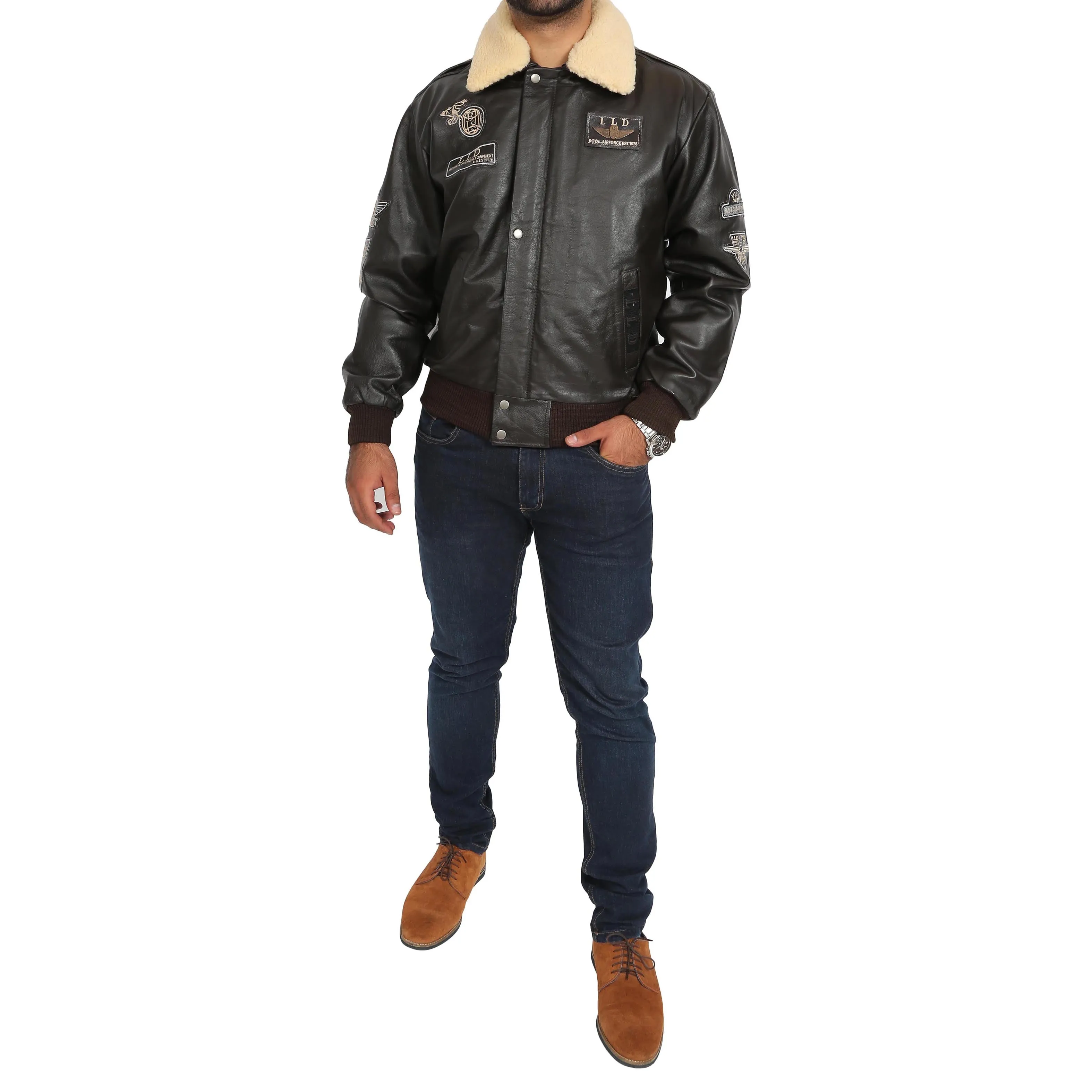 Mens Pilot Bomber Leather Jacket Spitfire Brown