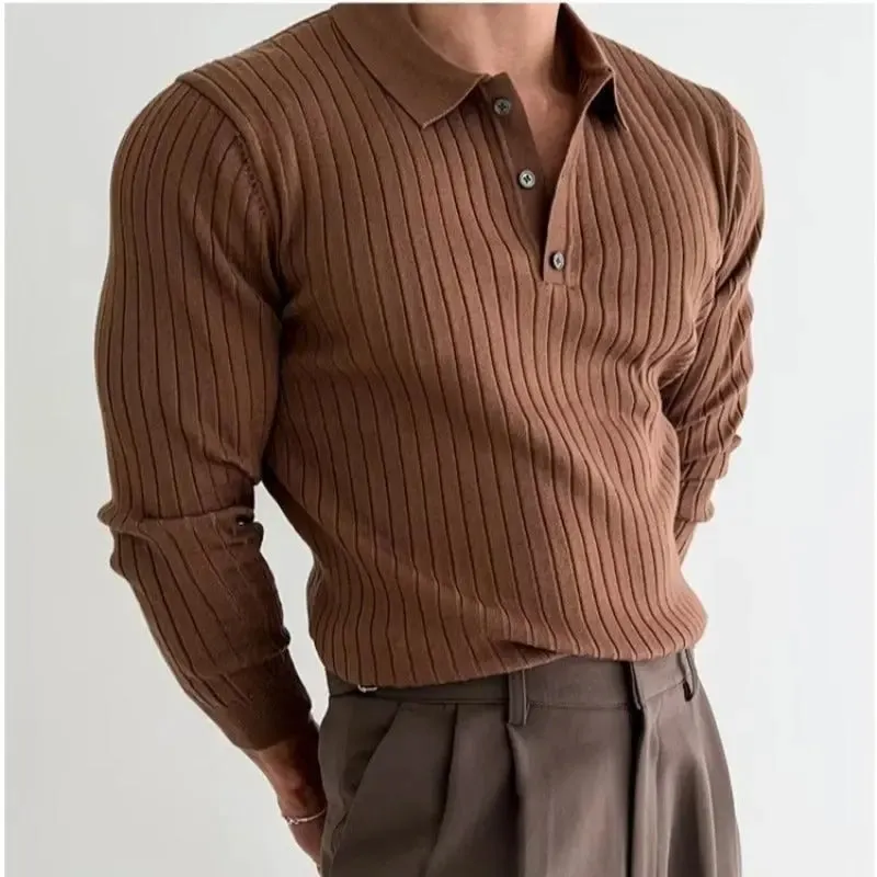 Men's Polo Shirt Lapel Button Long Sleeve Polo Shirt Slim Fashion Solid Striped Knitted Bottoming Shirt Top Men's Clothing