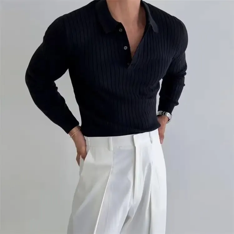 Men's Polo Shirt Lapel Button Long Sleeve Polo Shirt Slim Fashion Solid Striped Knitted Bottoming Shirt Top Men's Clothing