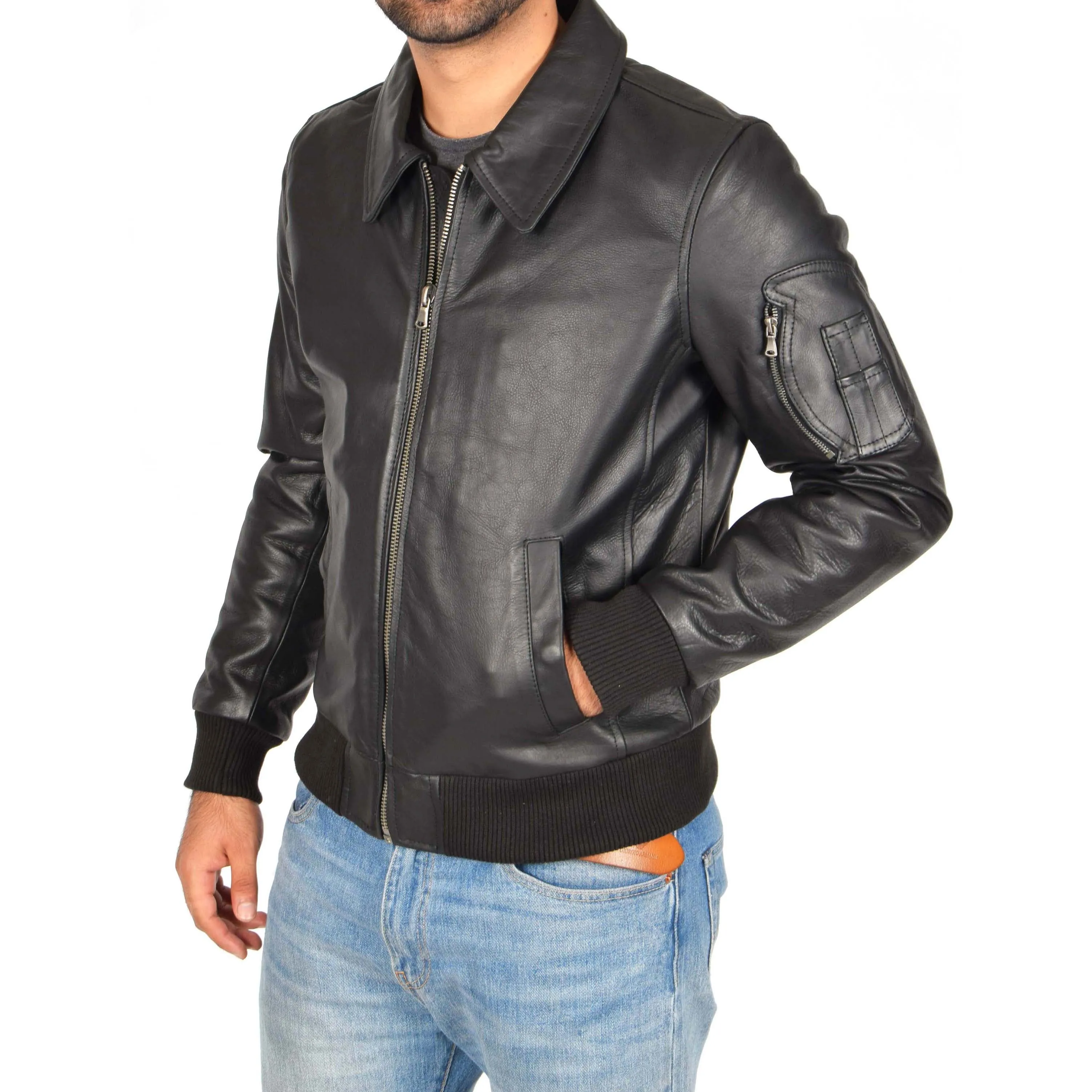 Mens Real Cowhide Bomber Leather Pilot Jacket Lance Black