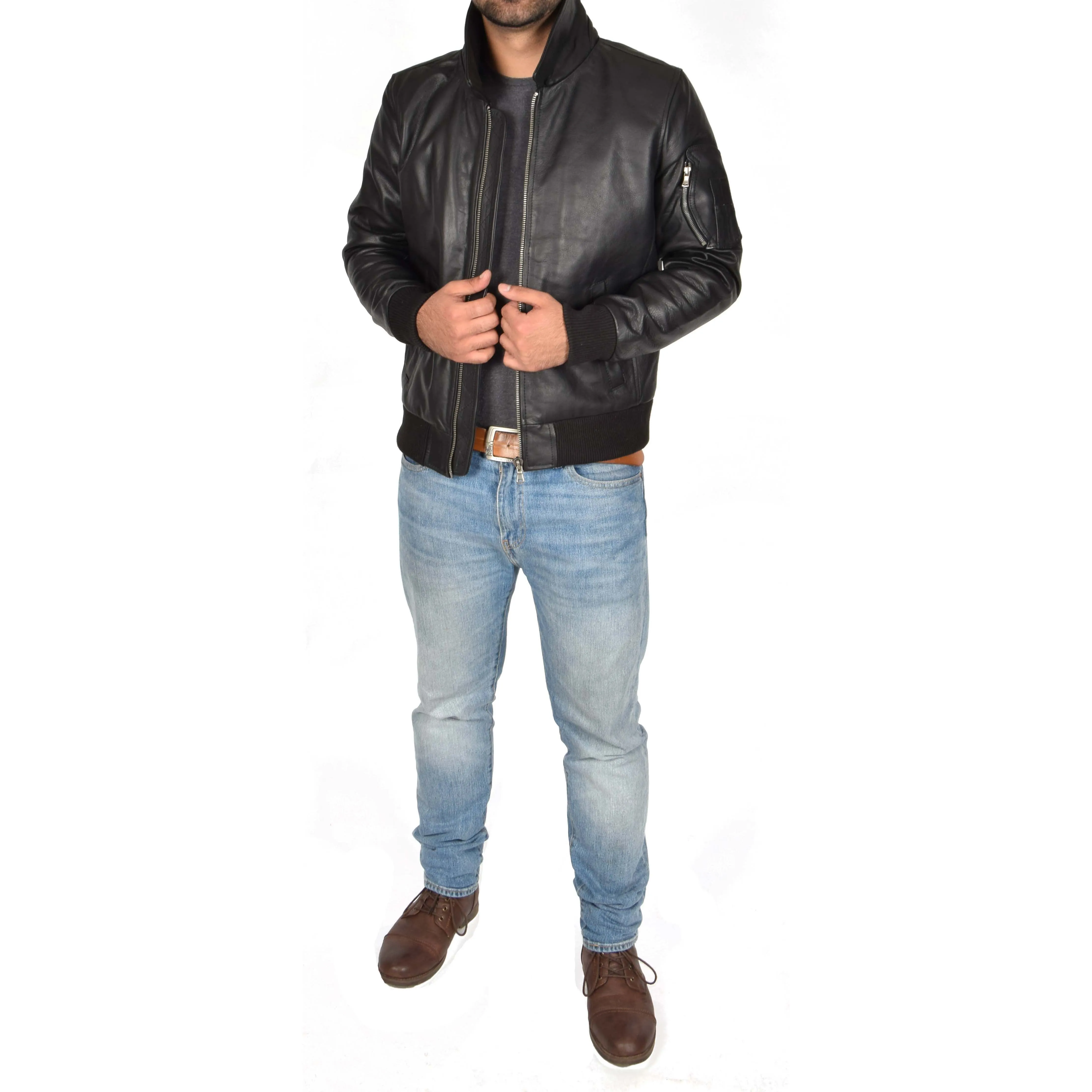 Mens Real Cowhide Bomber Leather Pilot Jacket Lance Black