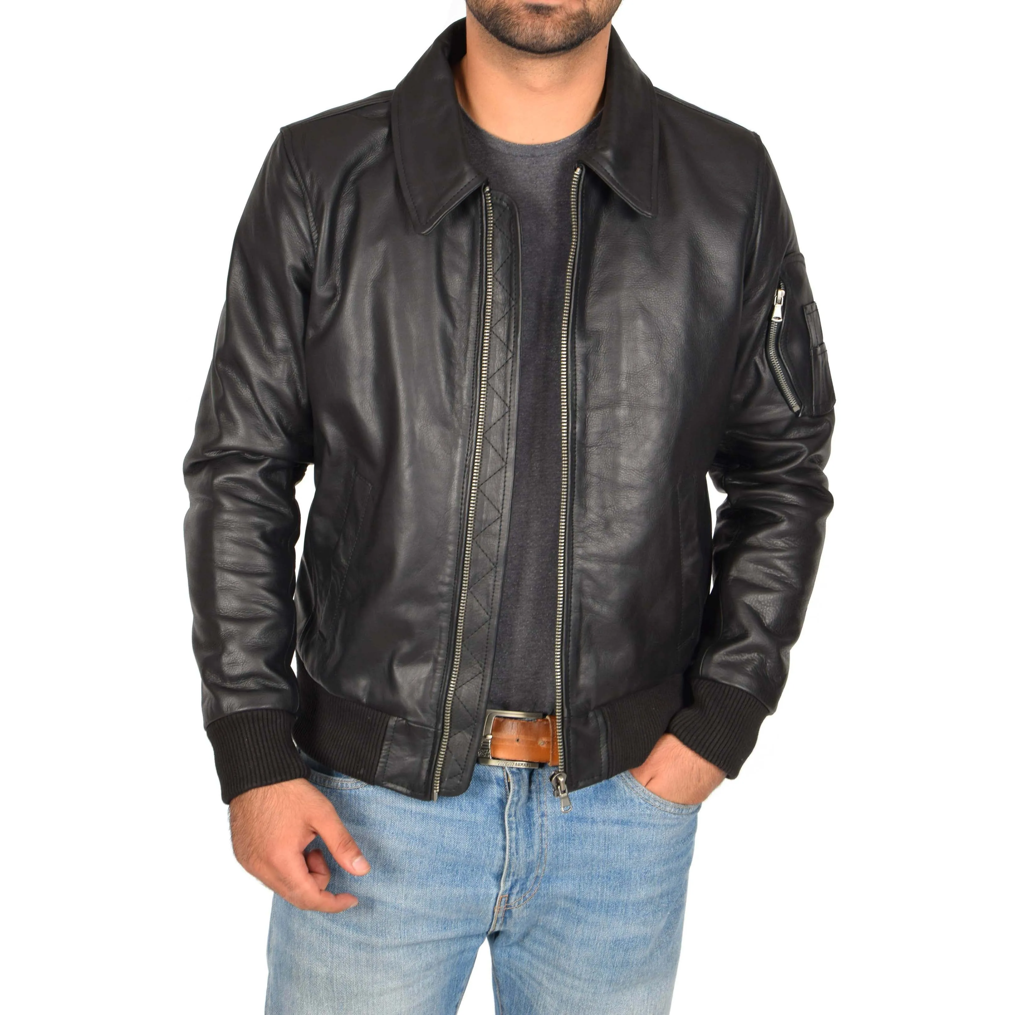 Mens Real Cowhide Bomber Leather Pilot Jacket Lance Black