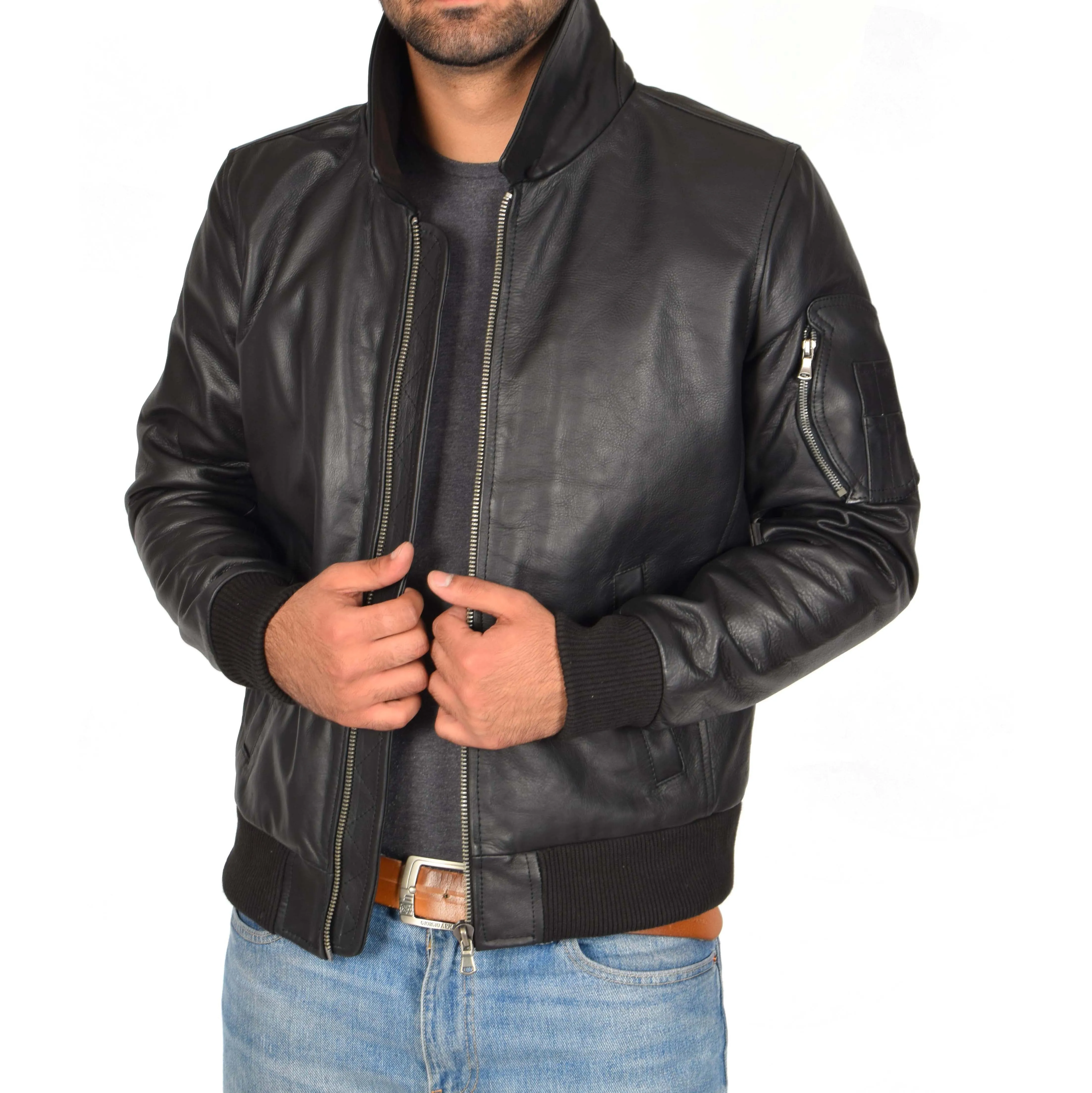 Mens Real Cowhide Bomber Leather Pilot Jacket Lance Black