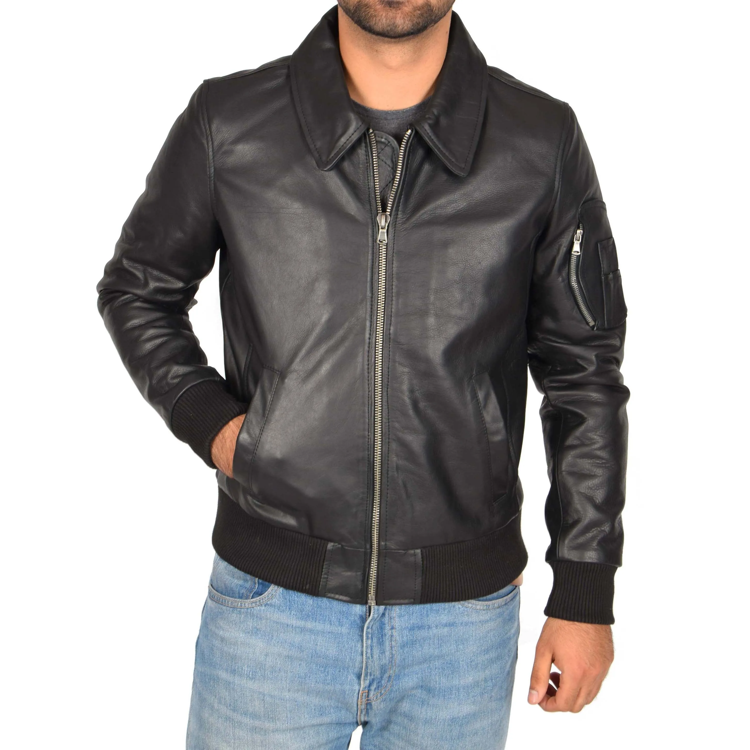 Mens Real Cowhide Bomber Leather Pilot Jacket Lance Black