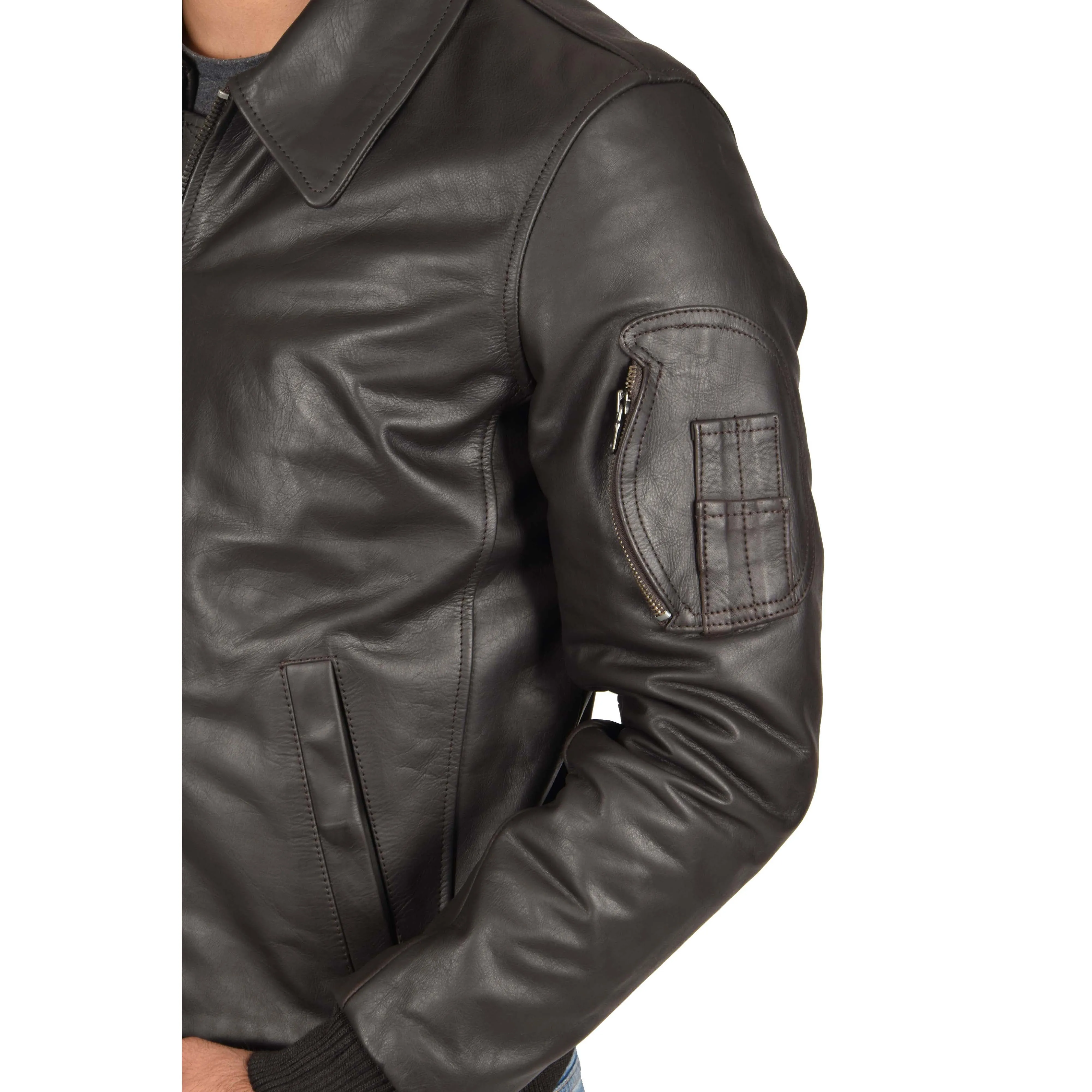 Mens Real Cowhide Bomber Leather Pilot Jacket Lance Brown