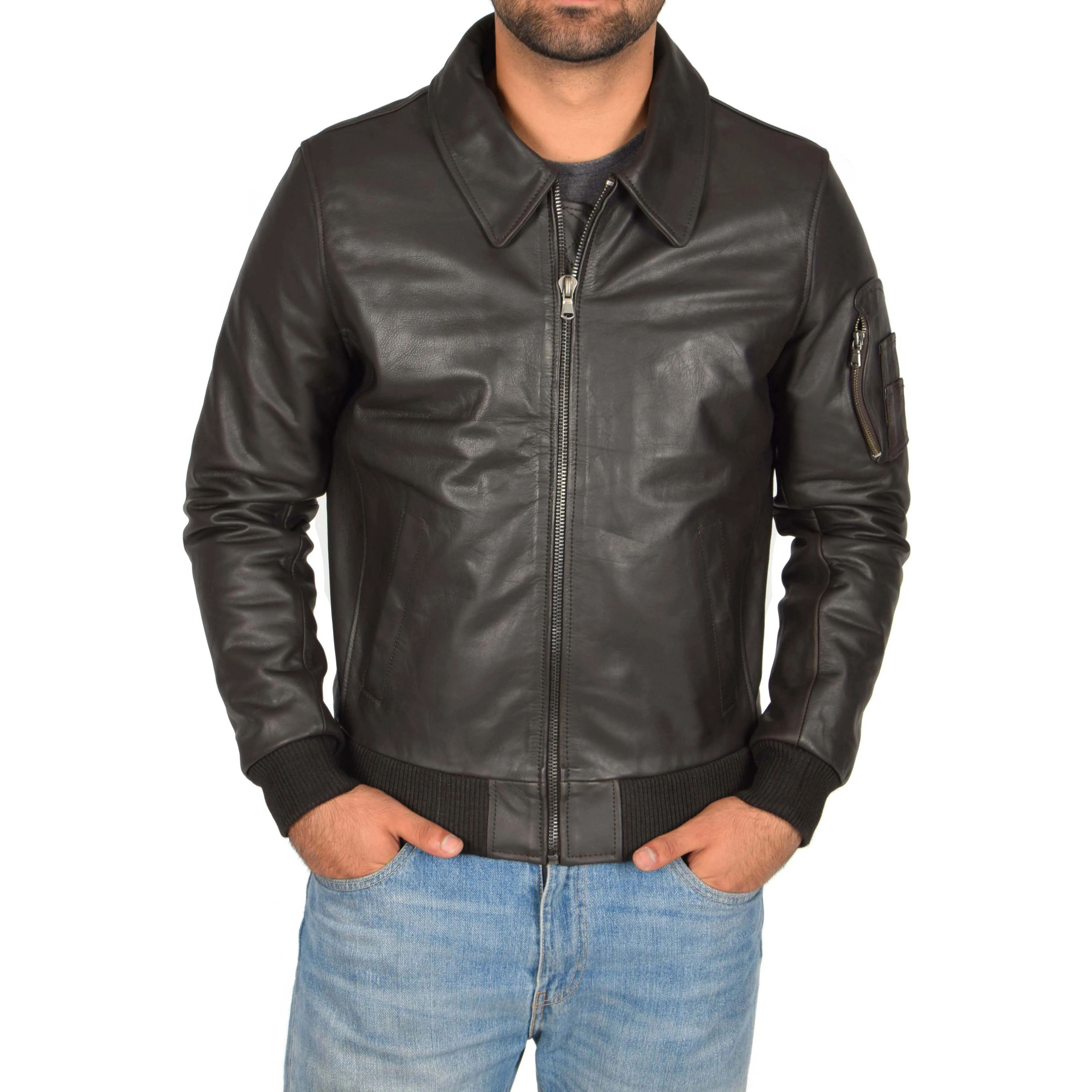 Mens Real Cowhide Bomber Leather Pilot Jacket Lance Brown