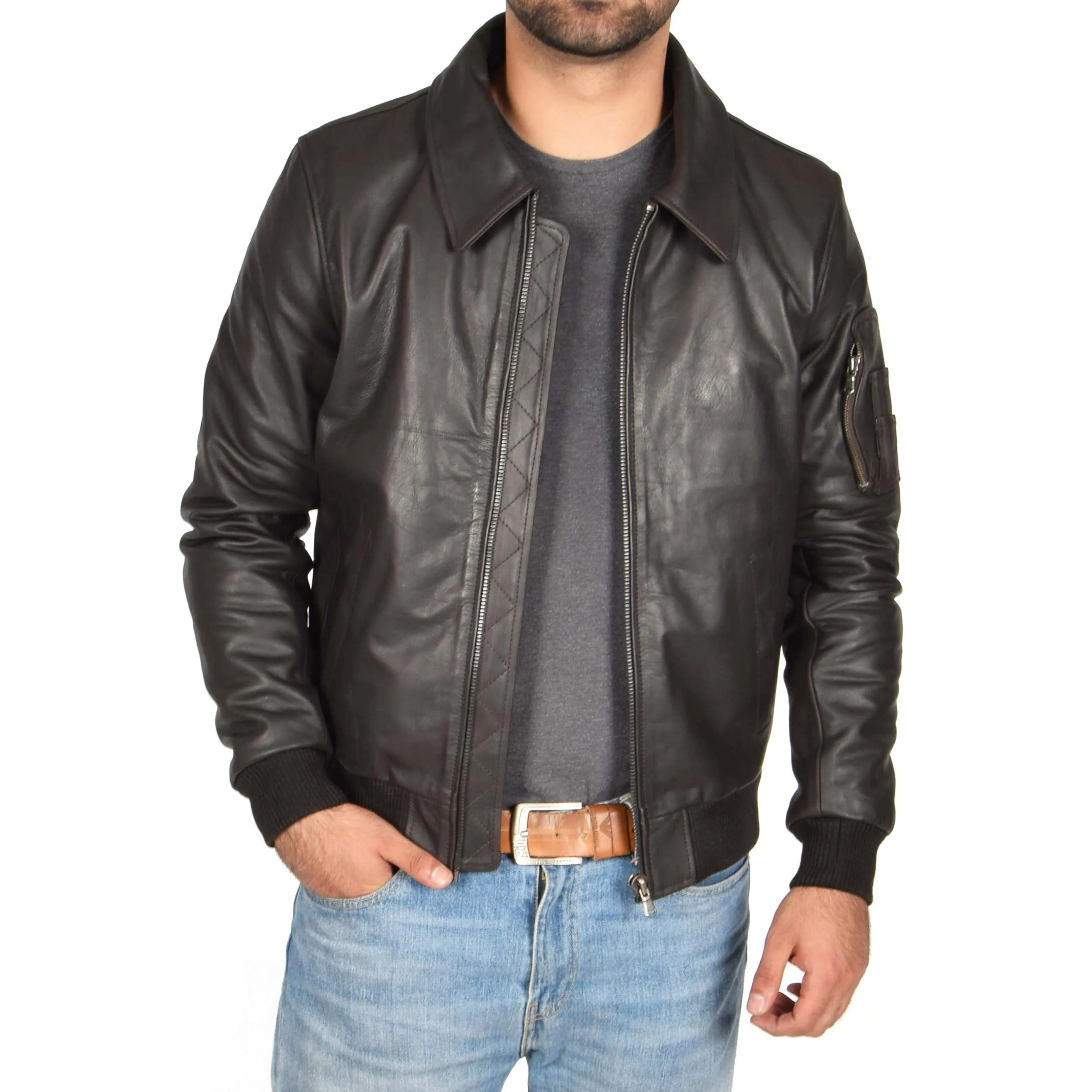 Mens Real Cowhide Bomber Leather Pilot Jacket Lance Brown