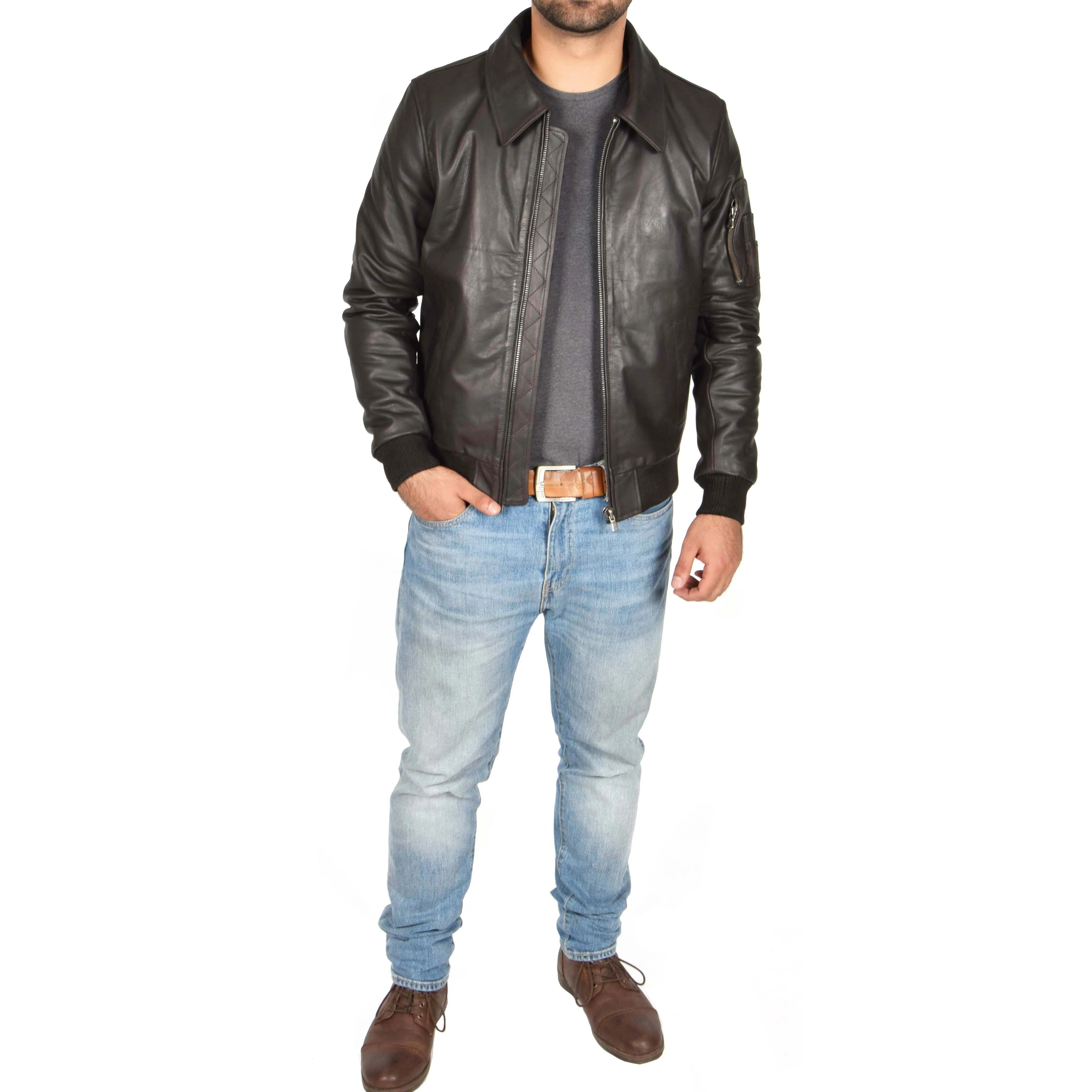 Mens Real Cowhide Bomber Leather Pilot Jacket Lance Brown