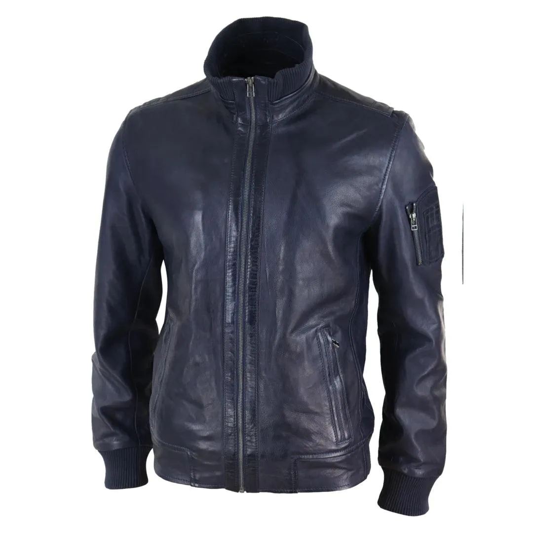 Mens Real Leather Bomber Jacket Smart Casual Blue Brown High Elasticated Neck