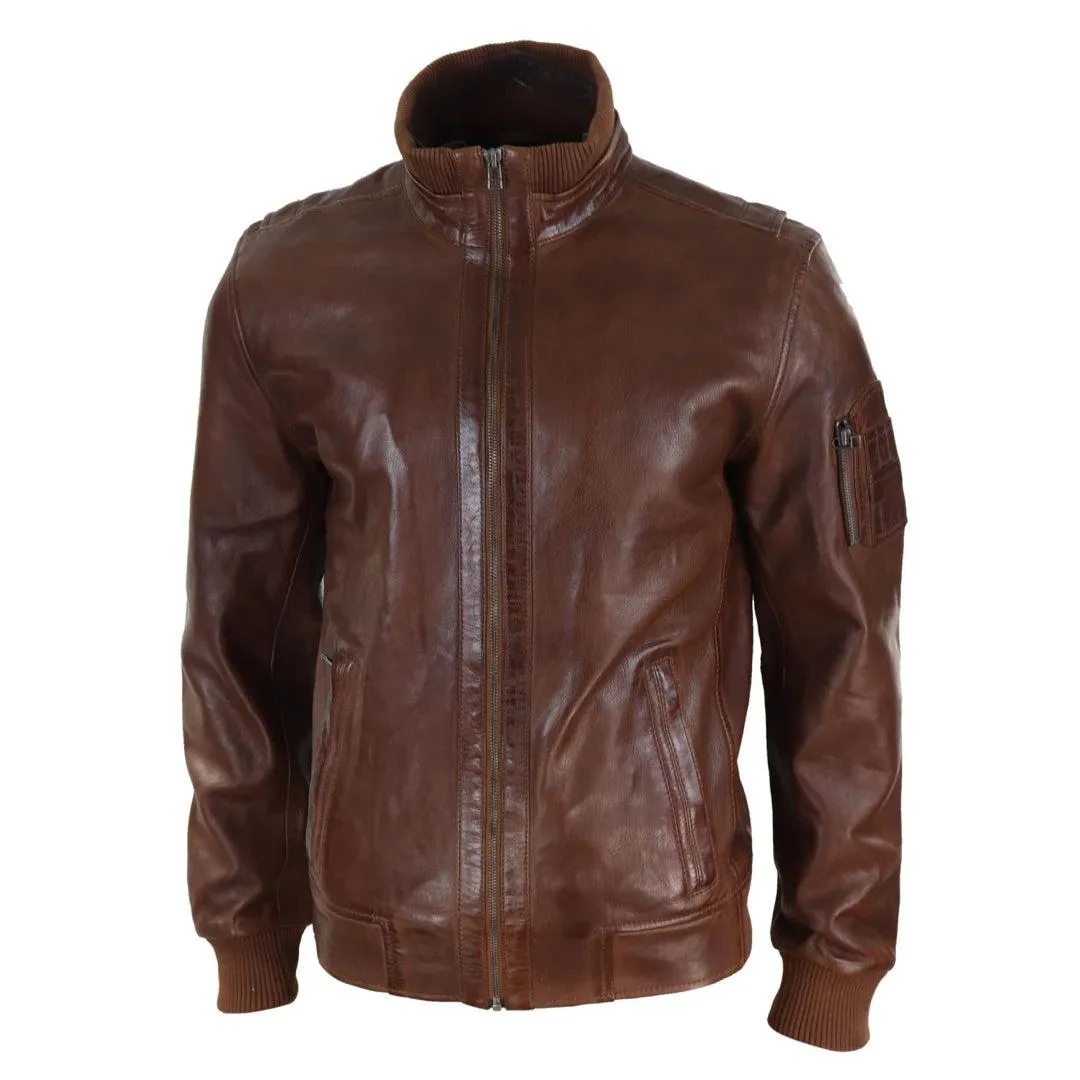 Mens Real Leather Bomber Jacket Smart Casual Blue Brown High Elasticated Neck