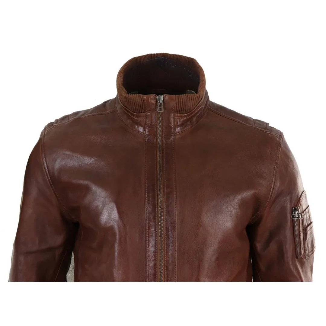 Mens Real Leather Bomber Jacket Smart Casual Blue Brown High Elasticated Neck