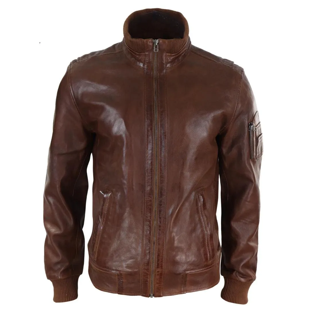 Mens Real Leather Bomber Jacket Smart Casual Blue Brown High Elasticated Neck