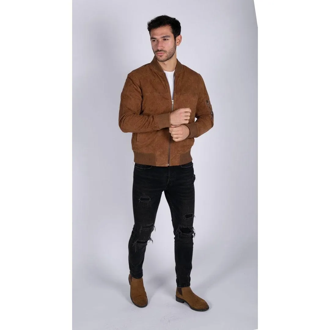 Mens Real Suede Leather Varsity Bomber College Jacket Classic Retro Vintage Camel Black