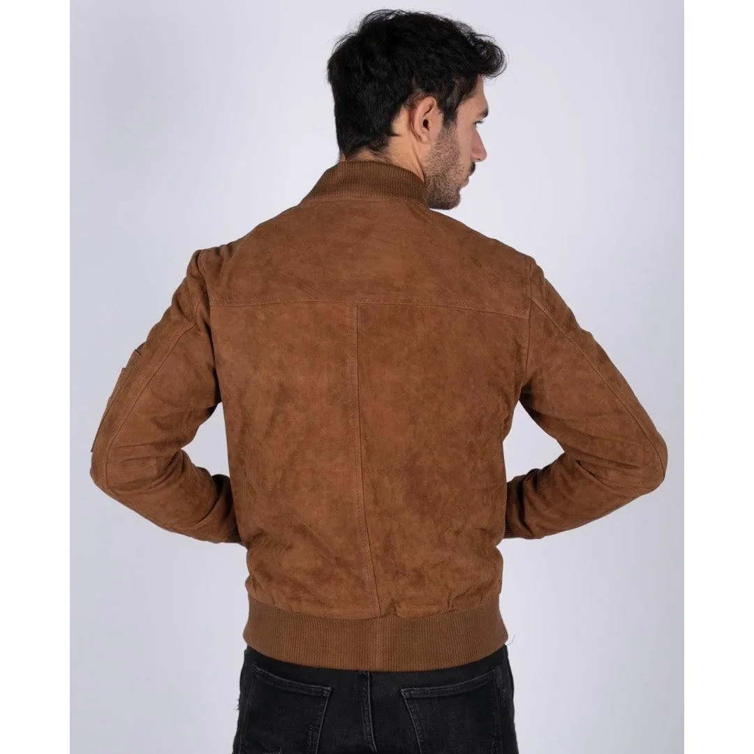 Mens Real Suede Leather Varsity Bomber College Jacket Classic Retro Vintage Camel Black