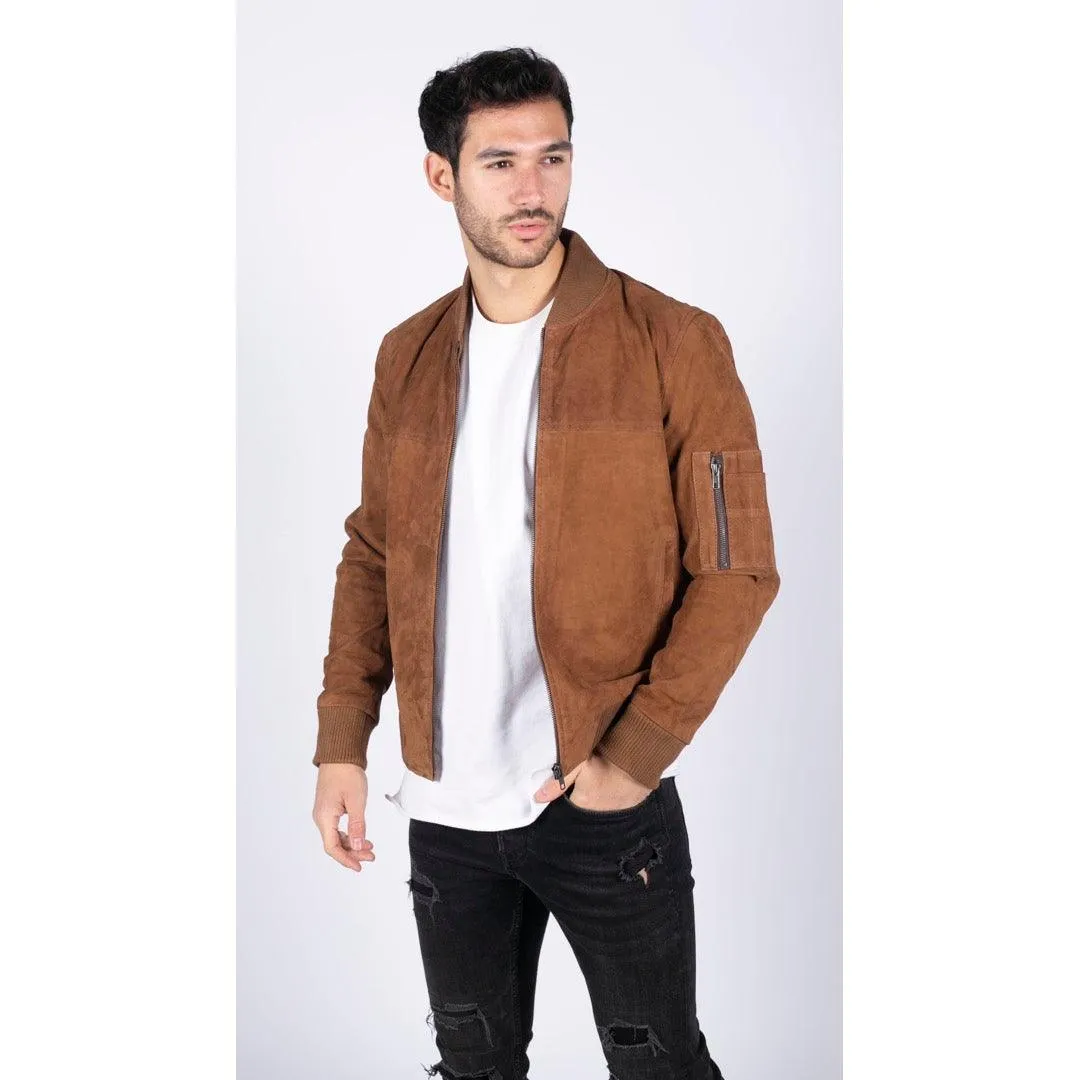 Mens Real Suede Leather Varsity Bomber College Jacket Classic Retro Vintage Camel Black