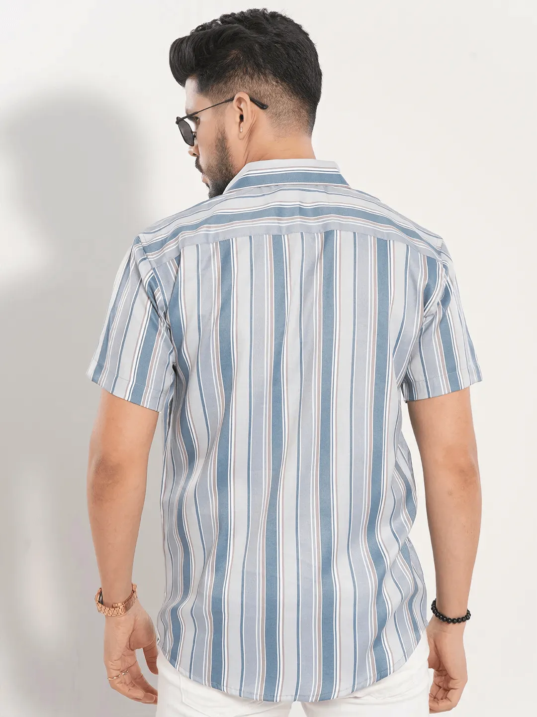 Men's Short Sleeve Casual Shirt in Ash with Air force Blue Stripe