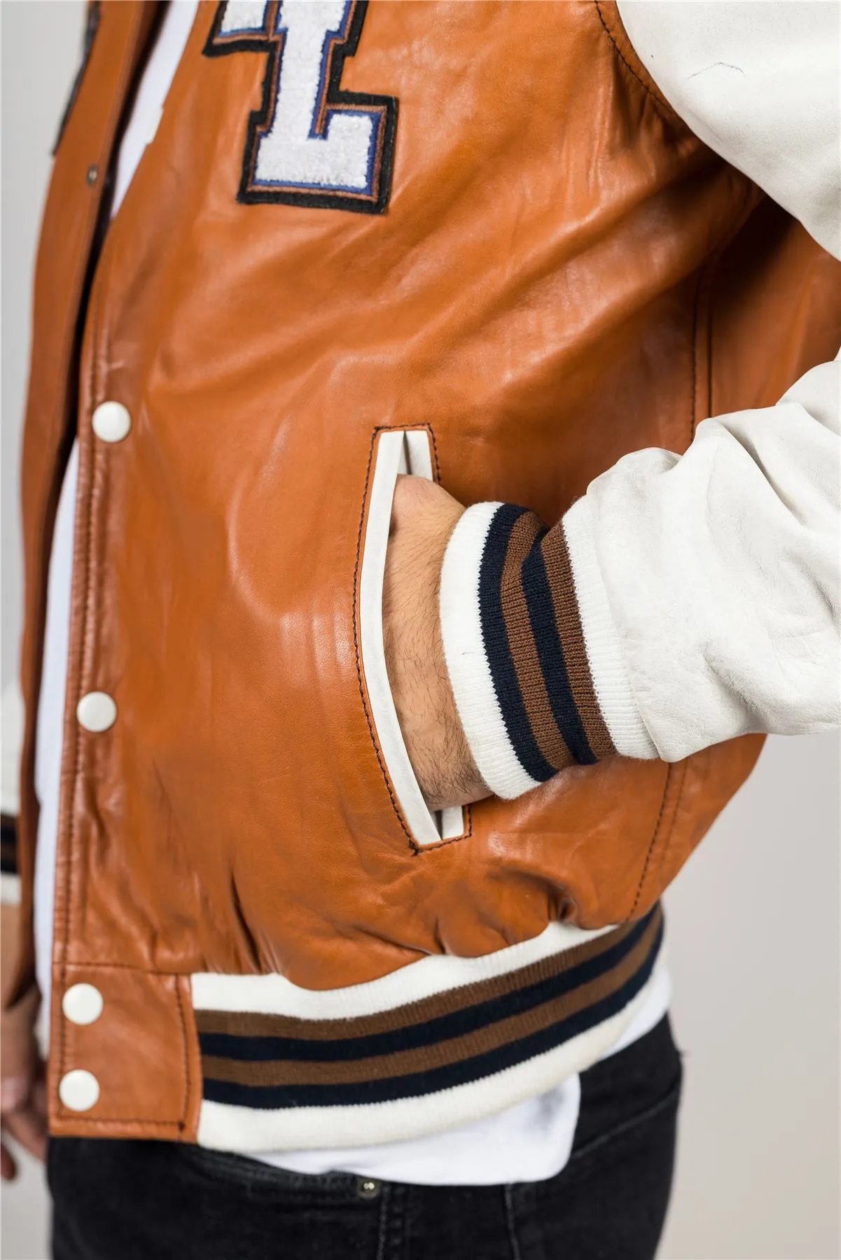 Men's Tan Brown Genuine Leather Bomber Jacket Baseball Letterman Coat