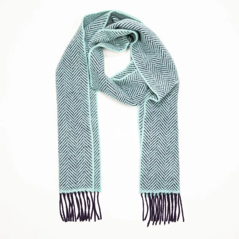 Merino and Cashmere Scarf - Navy and Duck Egg Herringbone - John Hanly