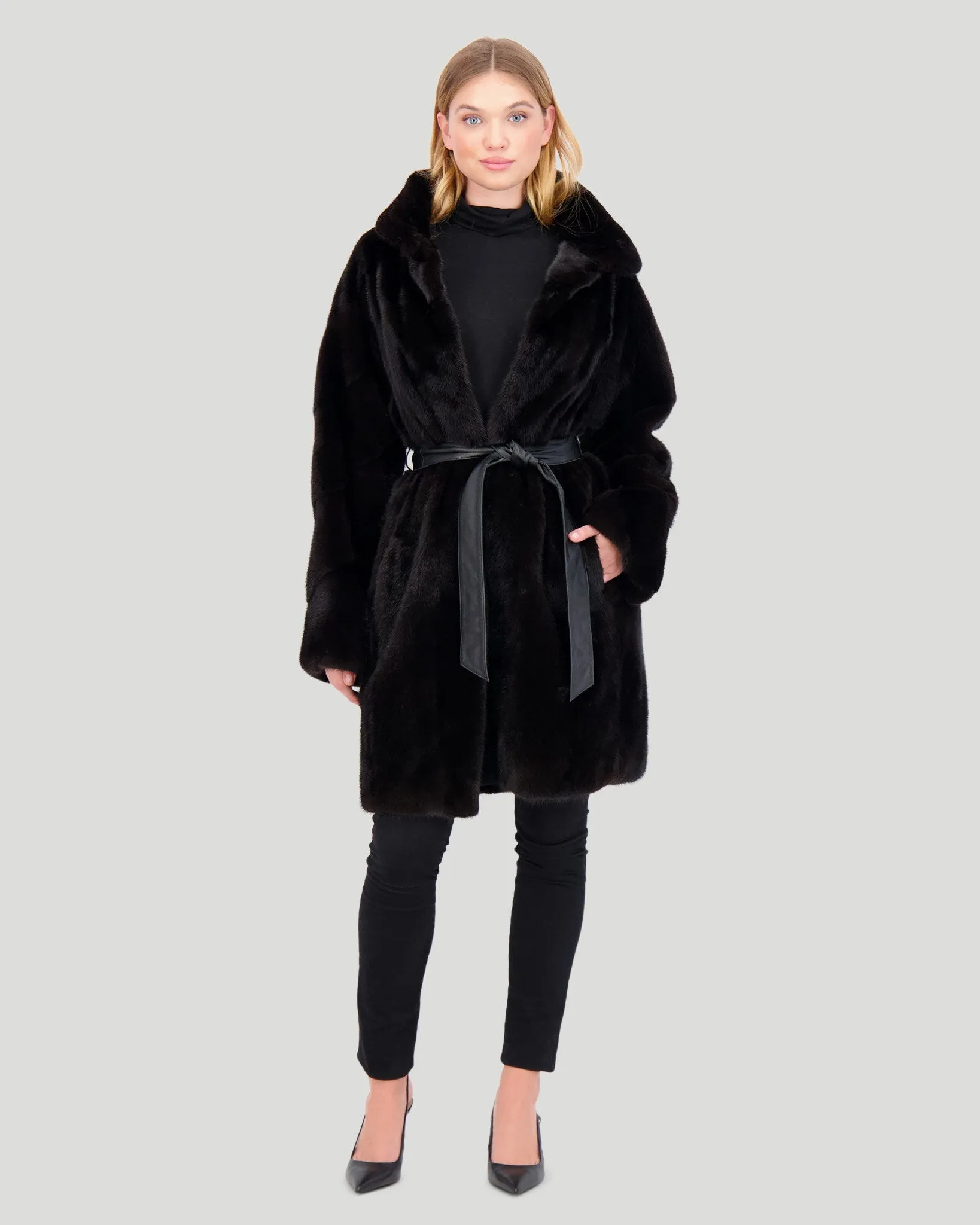 Mink Short Coat with Leather Belt