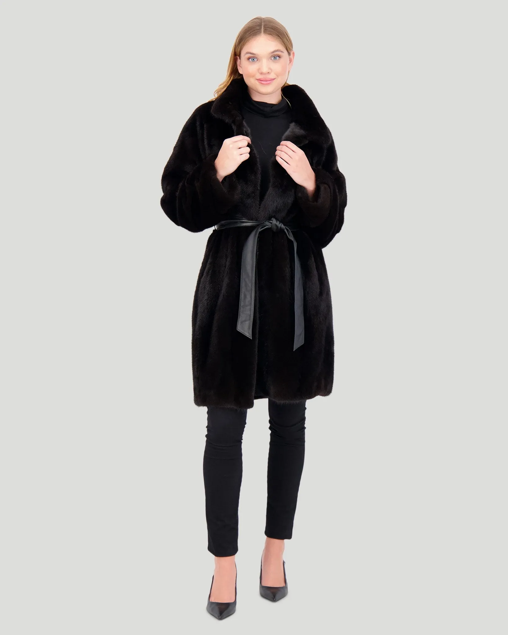 Mink Short Coat with Leather Belt