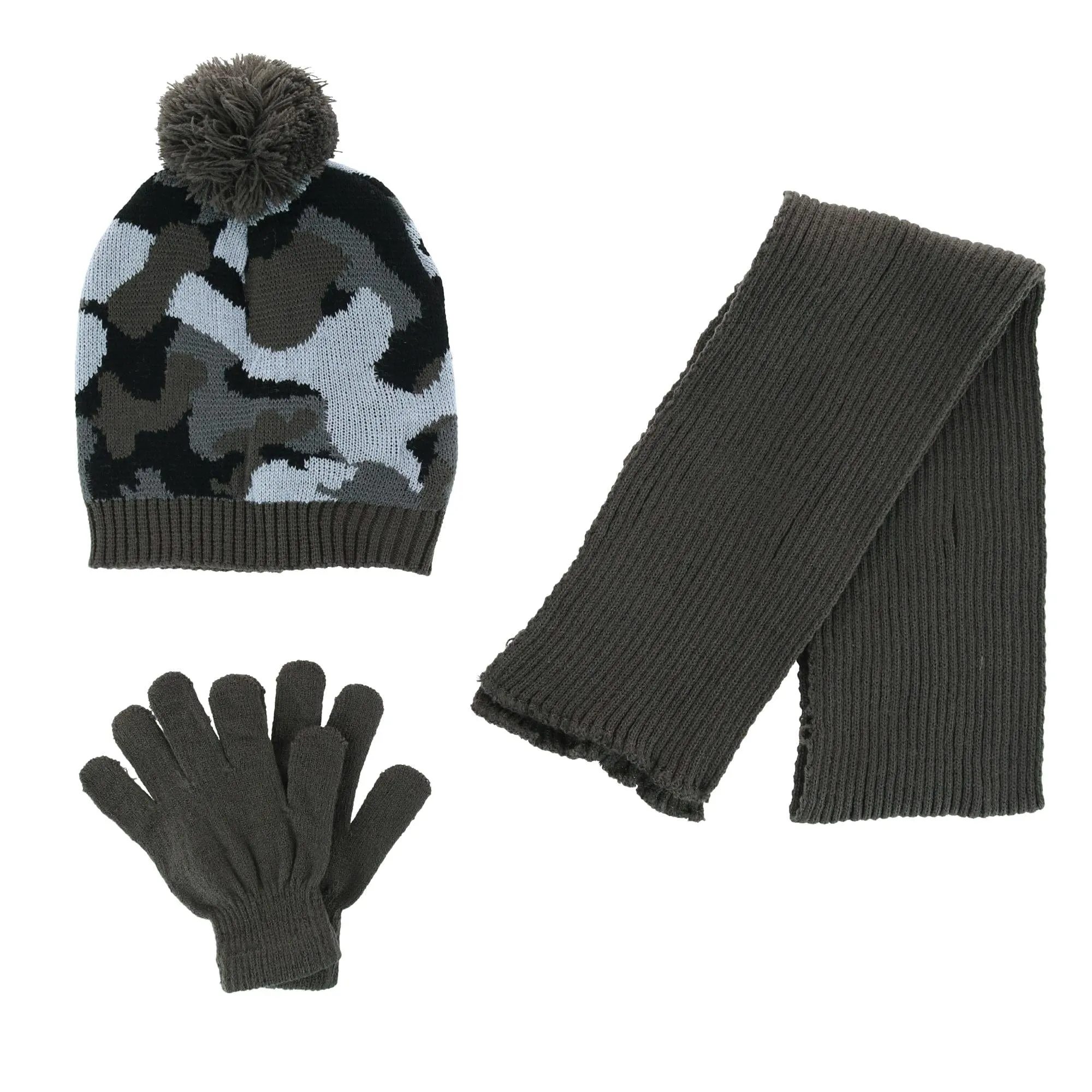 Minus 5 Degrees Boy's One Size Camo Beanie Pom Hat Scarf and Gloves Set