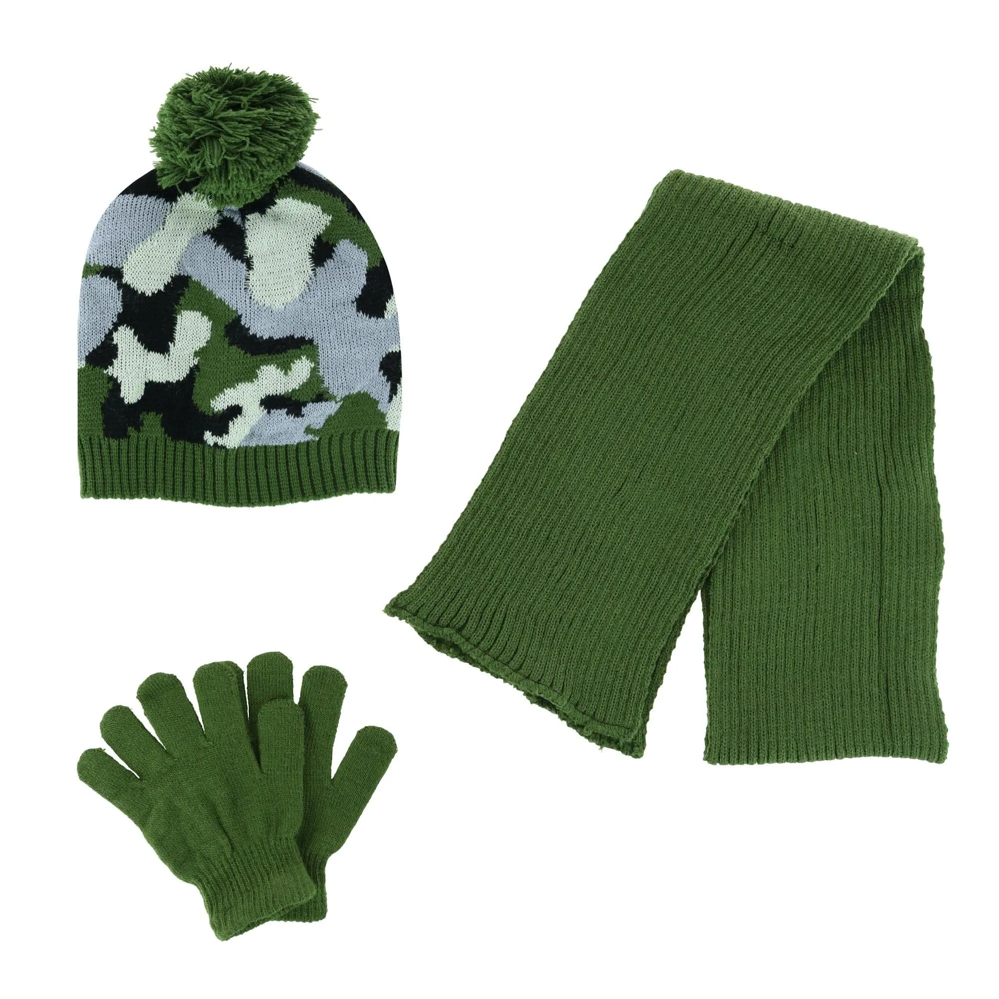 Minus 5 Degrees Boy's One Size Camo Beanie Pom Hat Scarf and Gloves Set