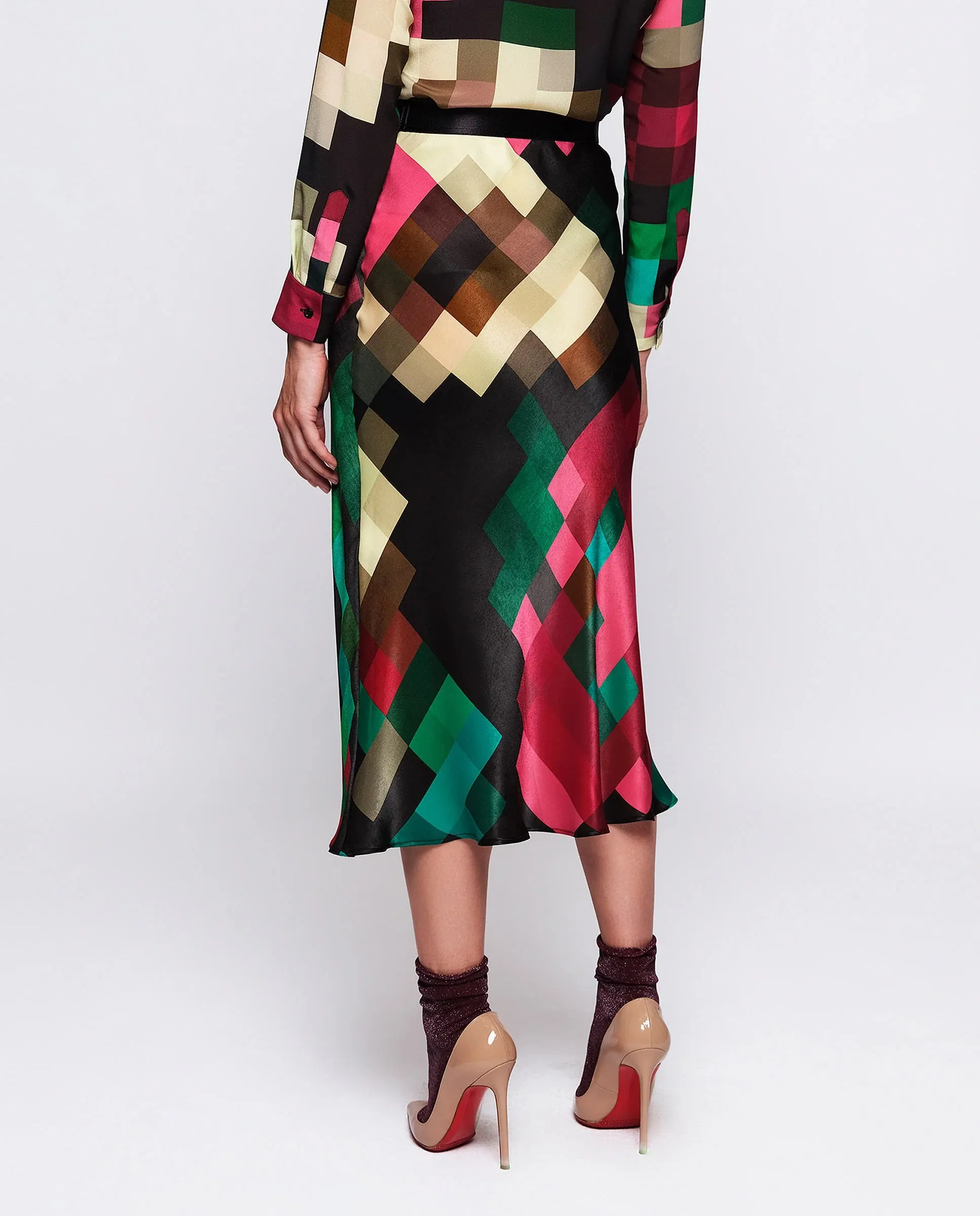 MIRTO 1956 - MULTICOLOR PIXEL PLAID MIDI SKIRT