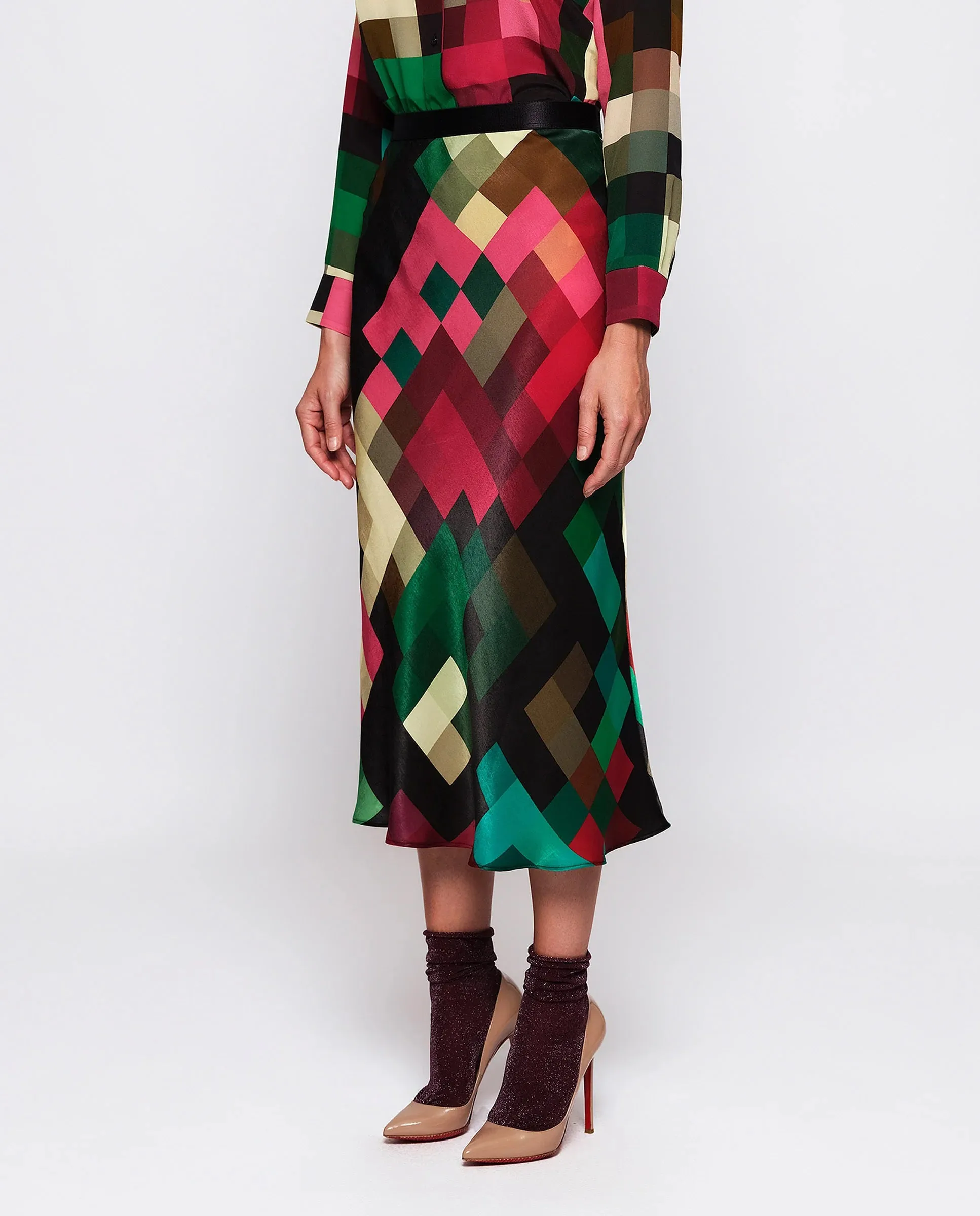 MIRTO 1956 - MULTICOLOR PIXEL PLAID MIDI SKIRT