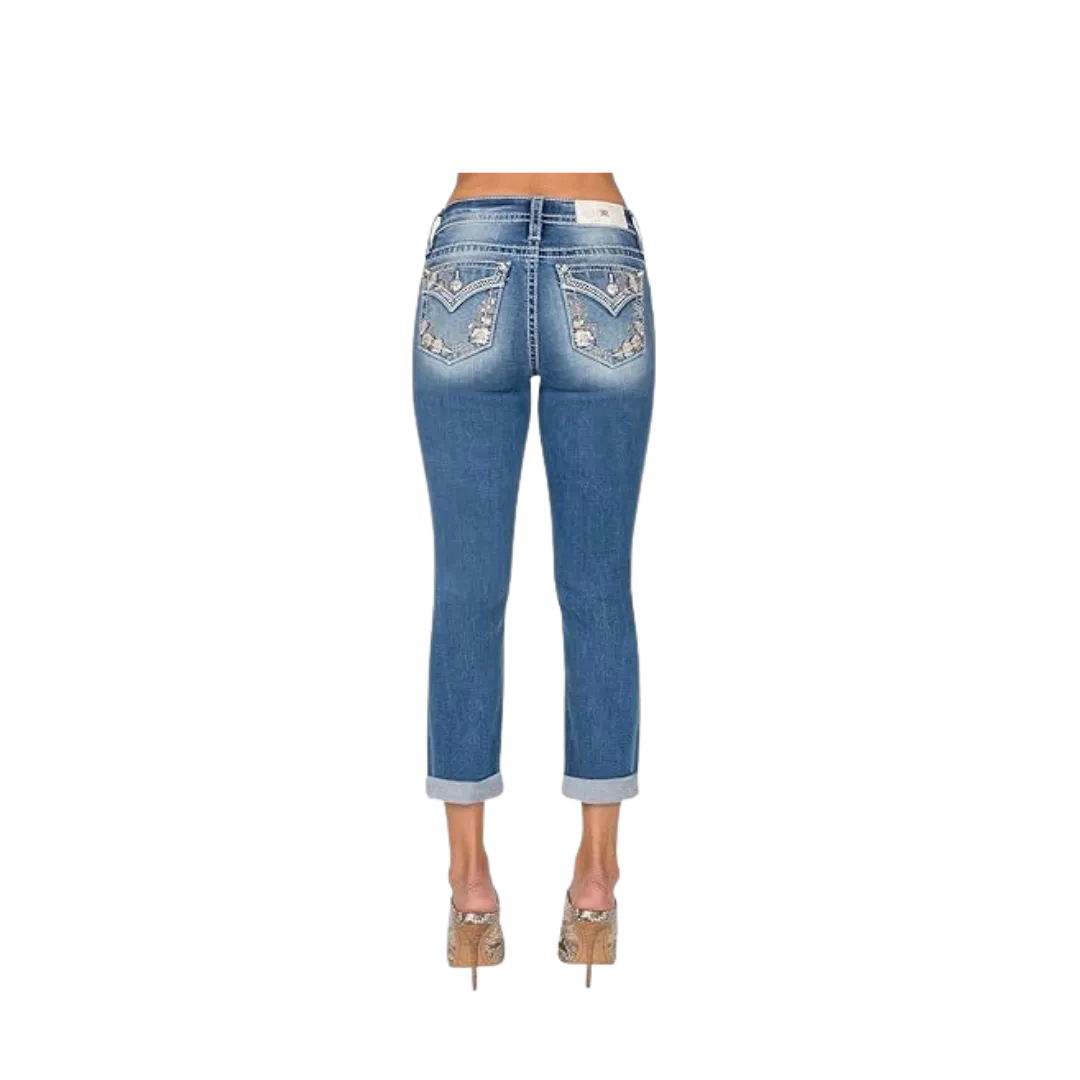 Miss Me Women's Mid Rise Capri Faux Flap Pockets with Floral Embroidery Medium Blue Jeans