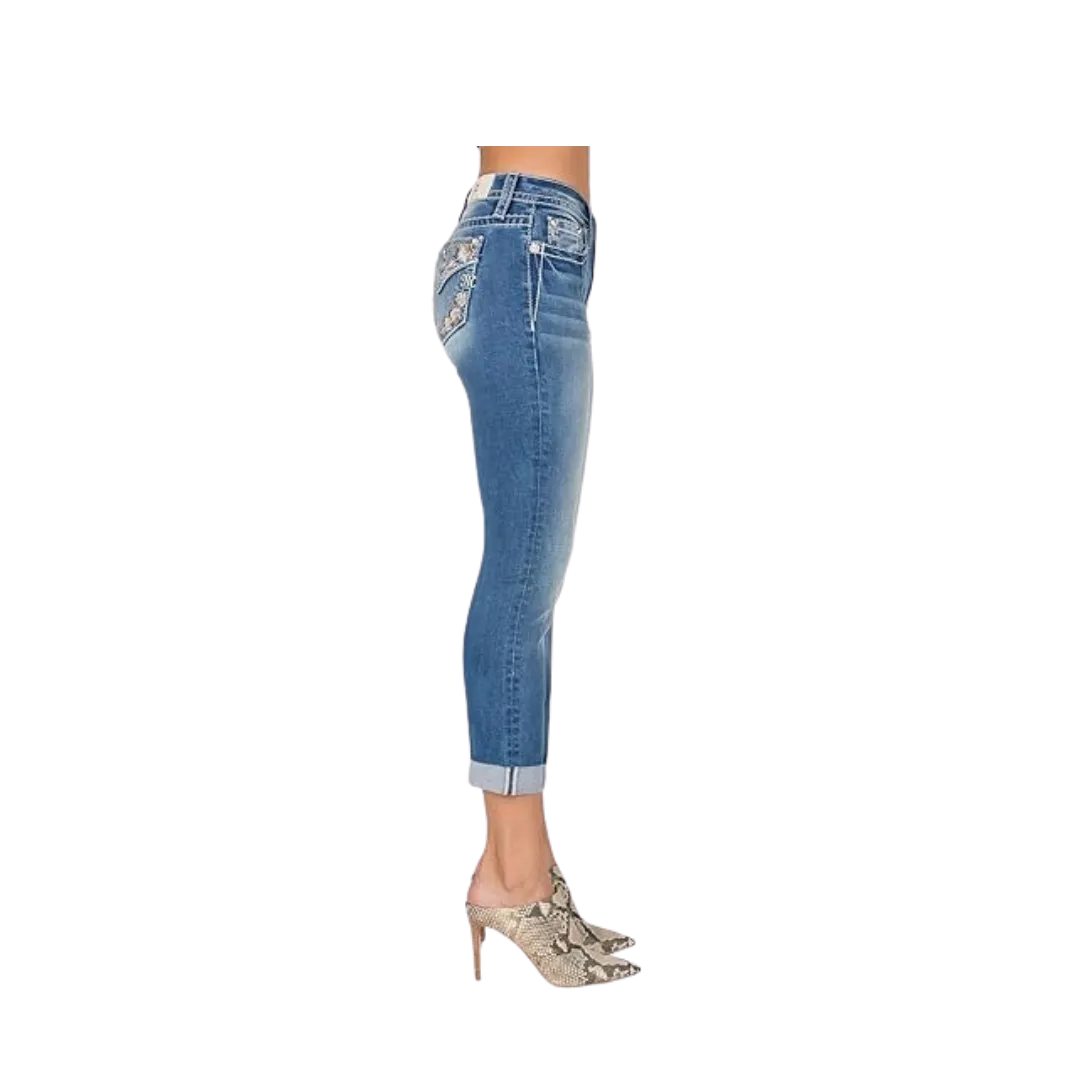 Miss Me Women's Mid Rise Capri Faux Flap Pockets with Floral Embroidery Medium Blue Jeans