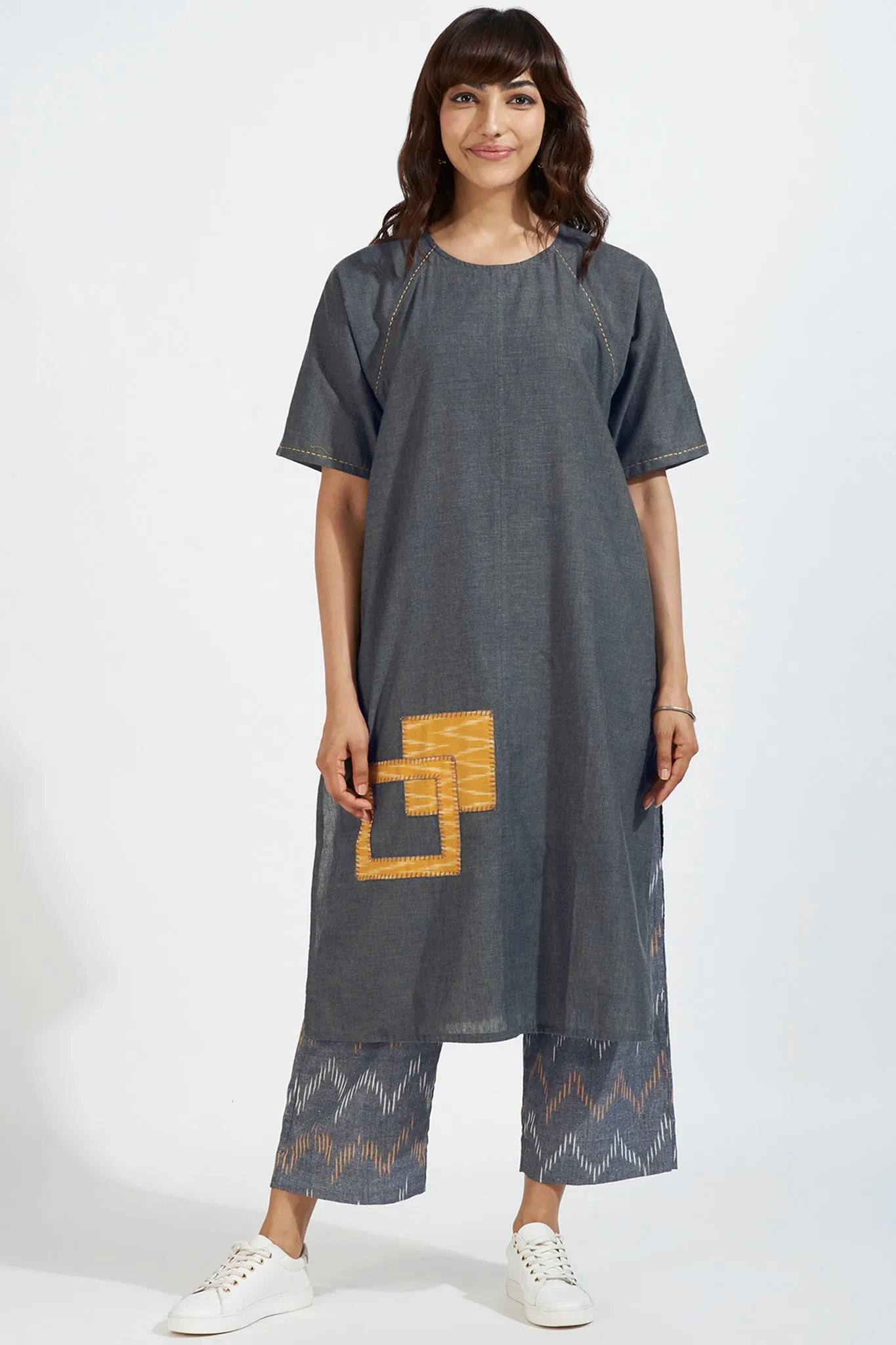 modern tunic with pockets - ashen embrace & sunshine grid