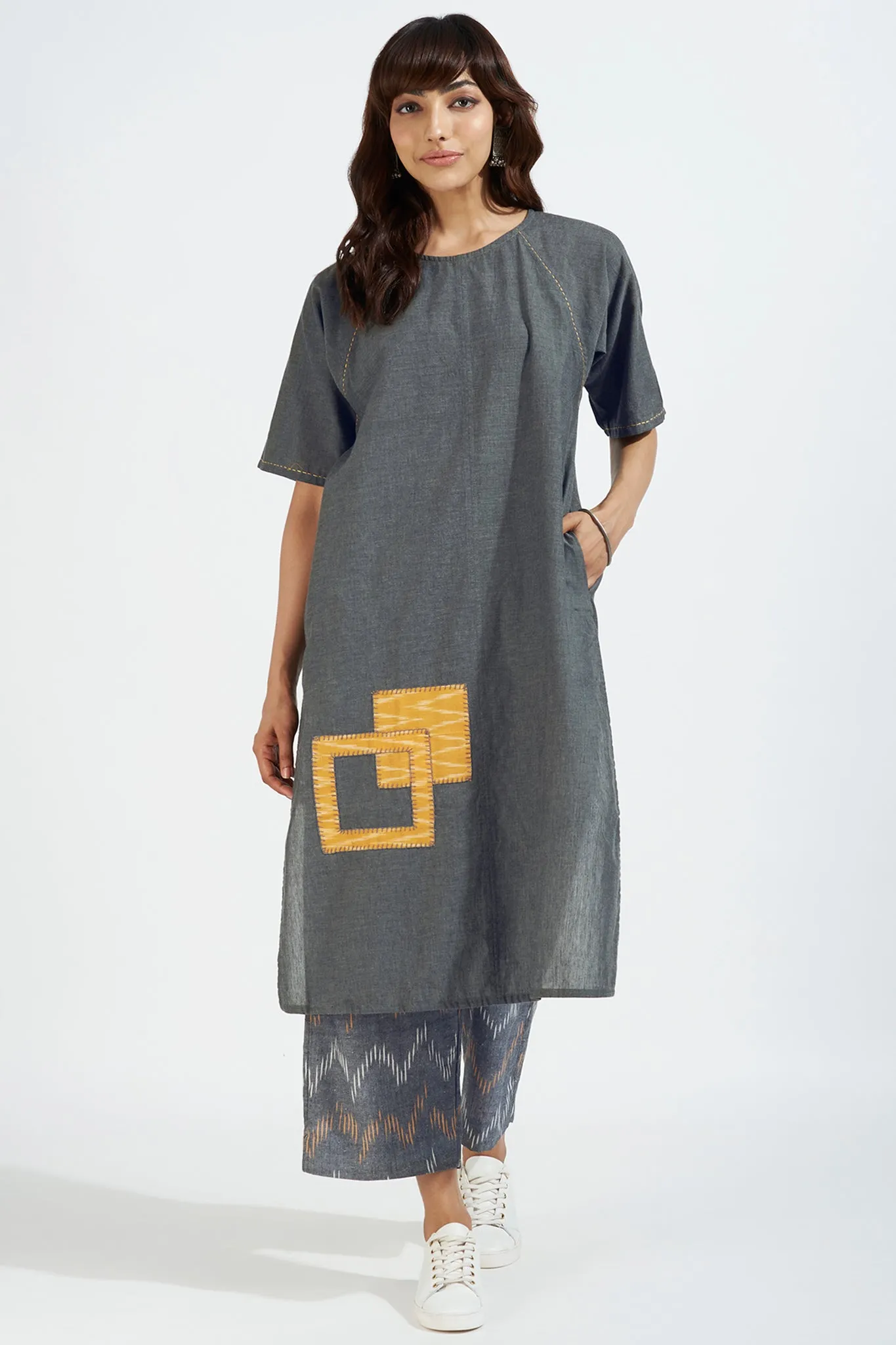 modern tunic with pockets - ashen embrace & sunshine grid