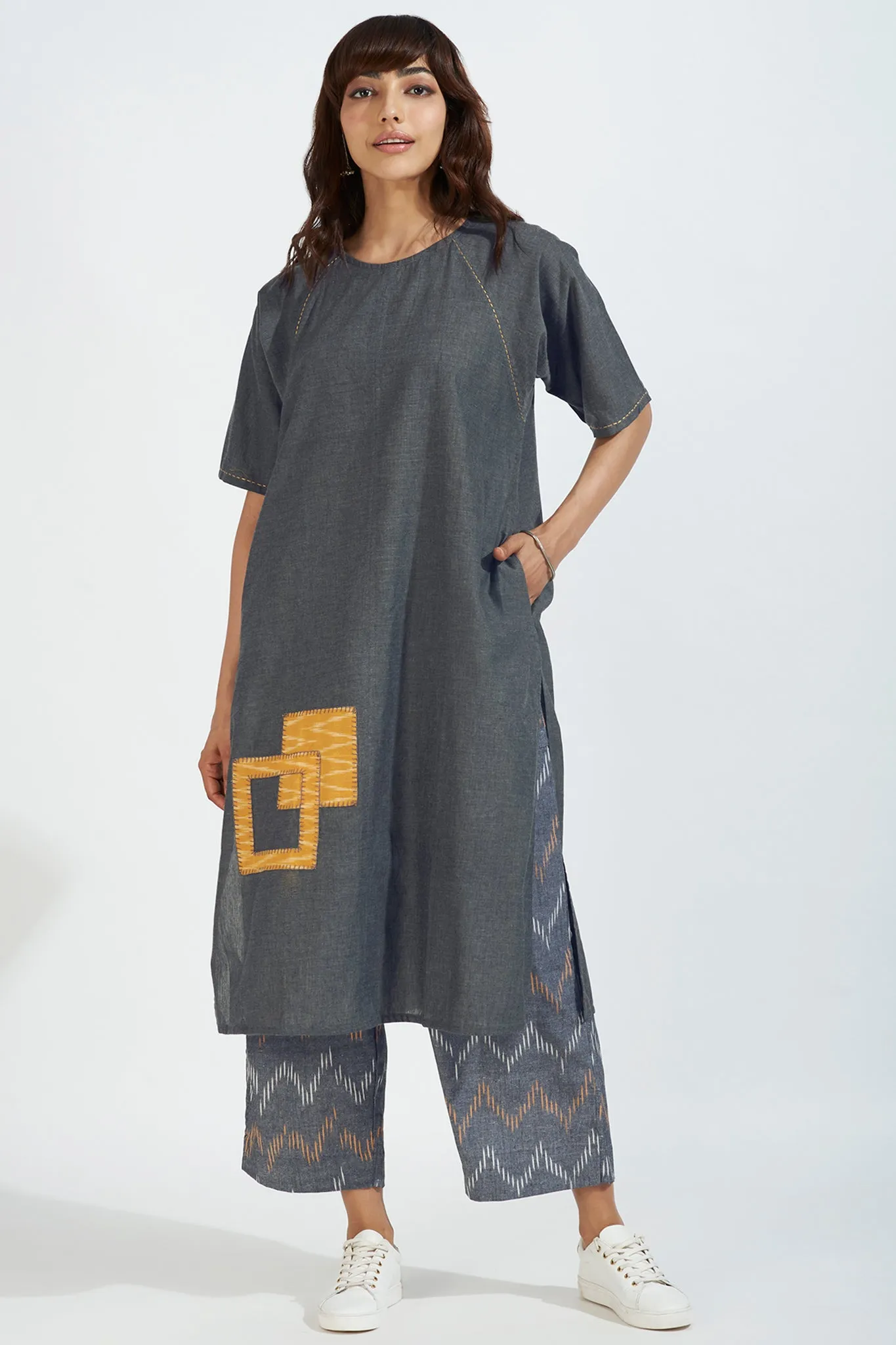 modern tunic with pockets - ashen embrace & sunshine grid