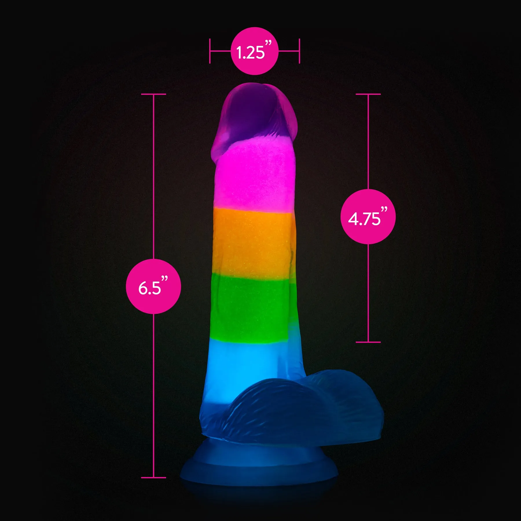 Neo Elite 6.5" Glow In The Dark Silicone Dual Density Dildo With Suction Cup & Balls By Blush - Rainbow Rave