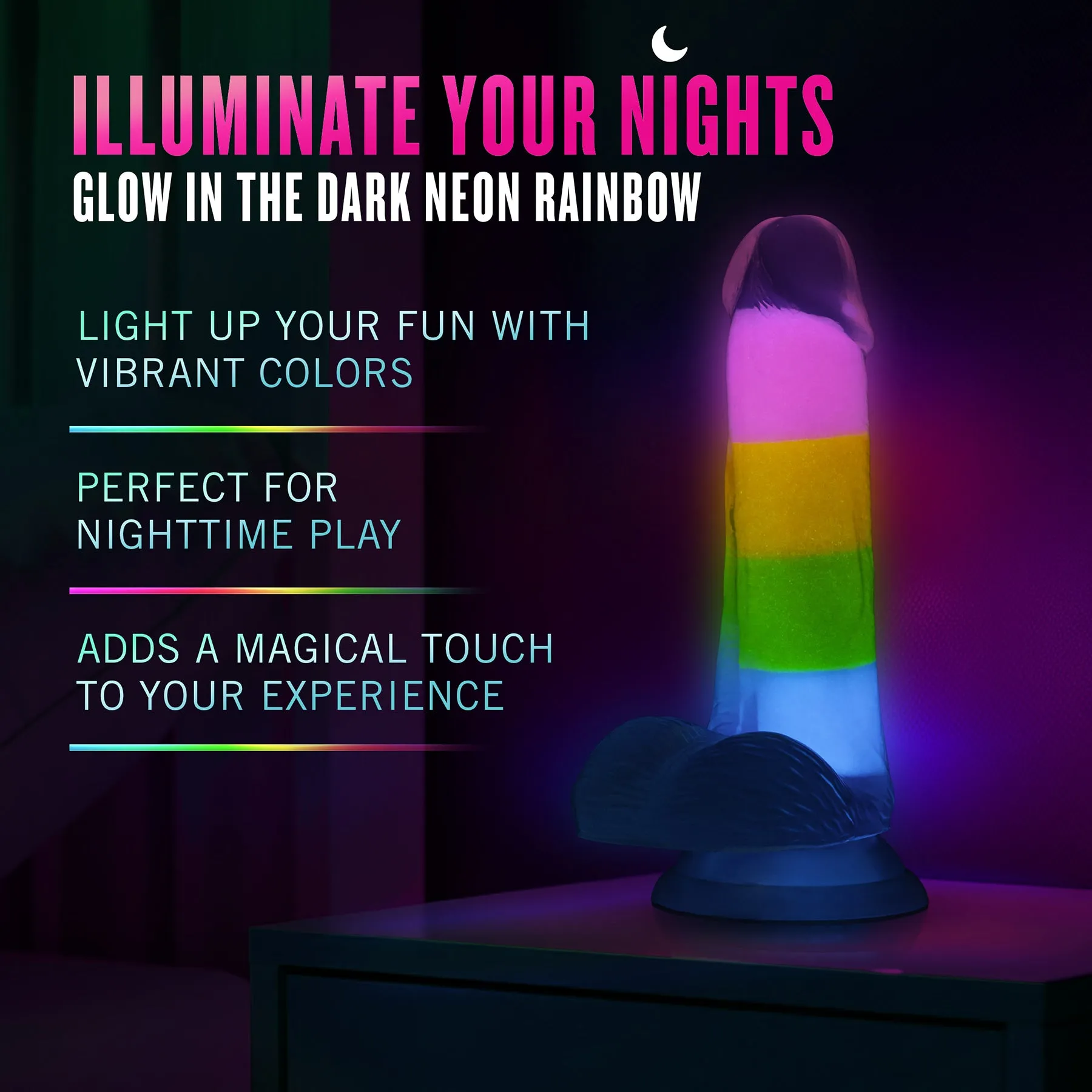 Neo Elite 6.5" Glow In The Dark Silicone Dual Density Dildo With Suction Cup & Balls By Blush - Rainbow Rave