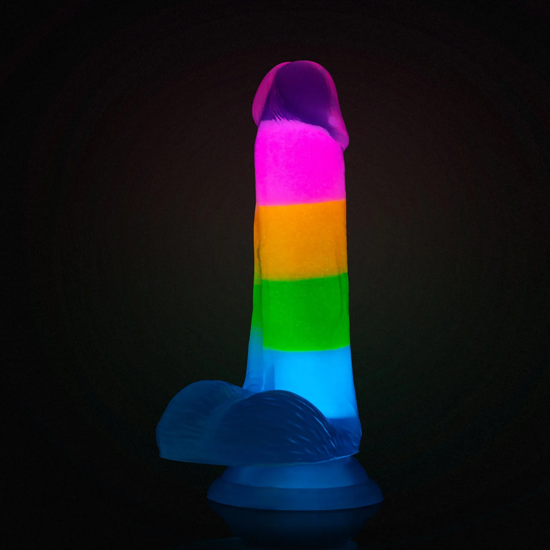 Neo Elite 6.5" Glow In The Dark Silicone Dual Density Dildo With Suction Cup & Balls By Blush - Rainbow Rave