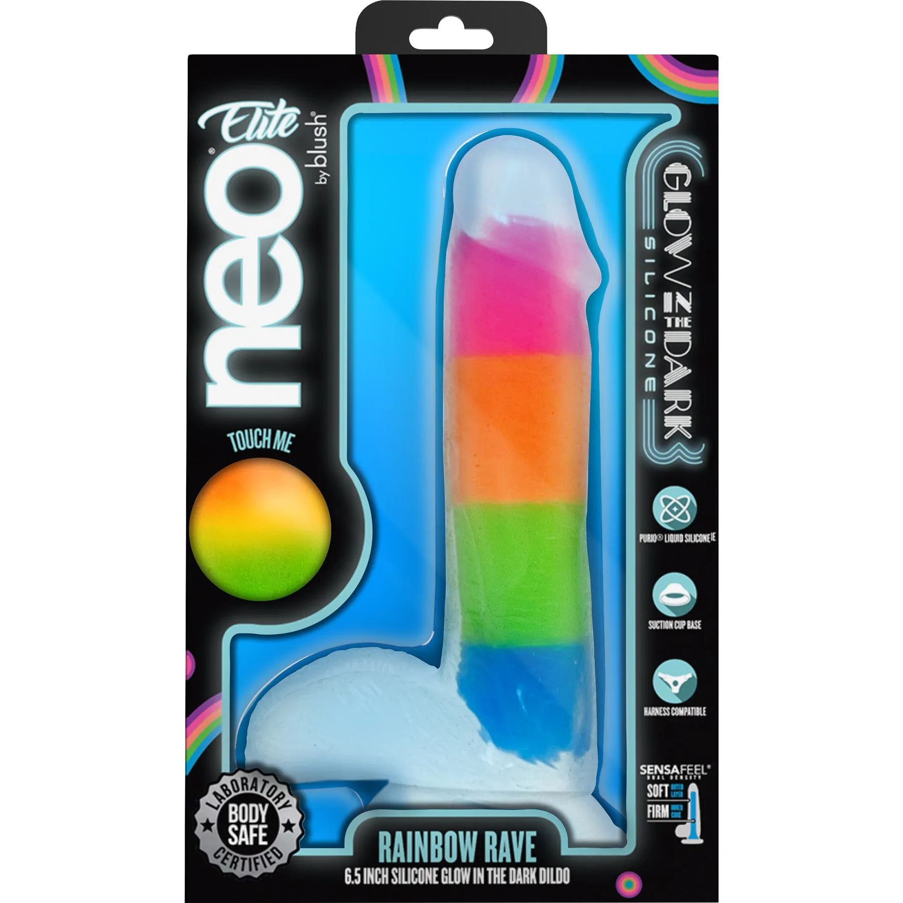 Neo Elite 6.5" Glow In The Dark Silicone Dual Density Dildo With Suction Cup & Balls By Blush - Rainbow Rave