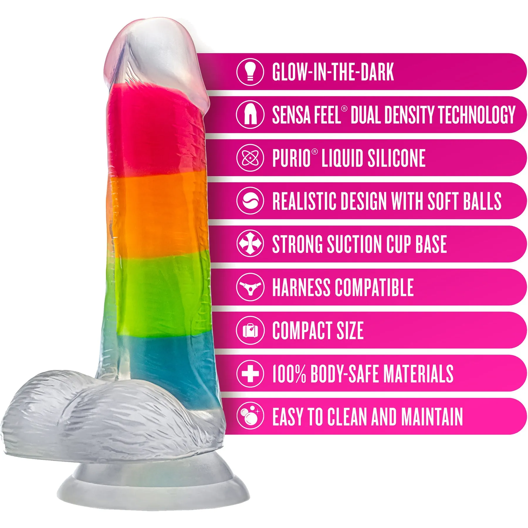 Neo Elite 6.5" Glow In The Dark Silicone Dual Density Dildo With Suction Cup & Balls By Blush - Rainbow Rave